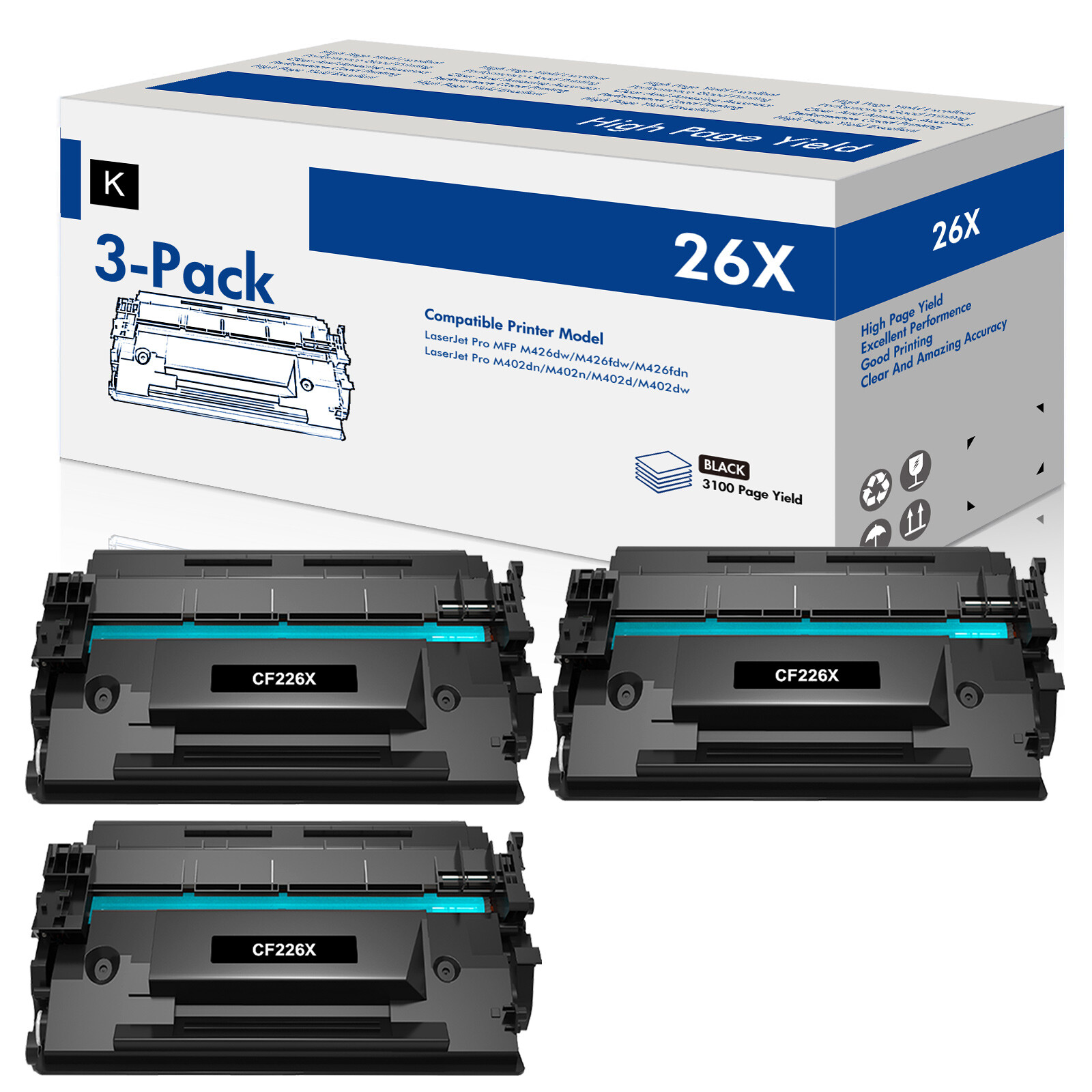 3Pack CF226X Toner Cartridge For HP 26X Laserjet Pro M402dn M426 M426fdw Printer