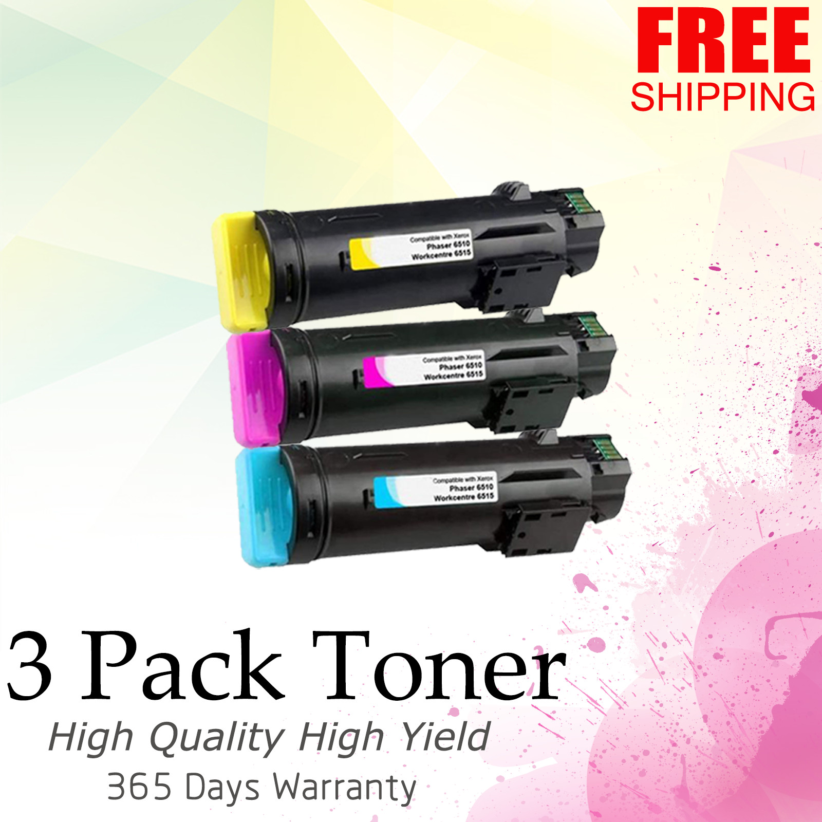 3 Pack  High Yield Toner Cartridges CYAN MAGENTA YELLOW for Xerox Phaser 6510