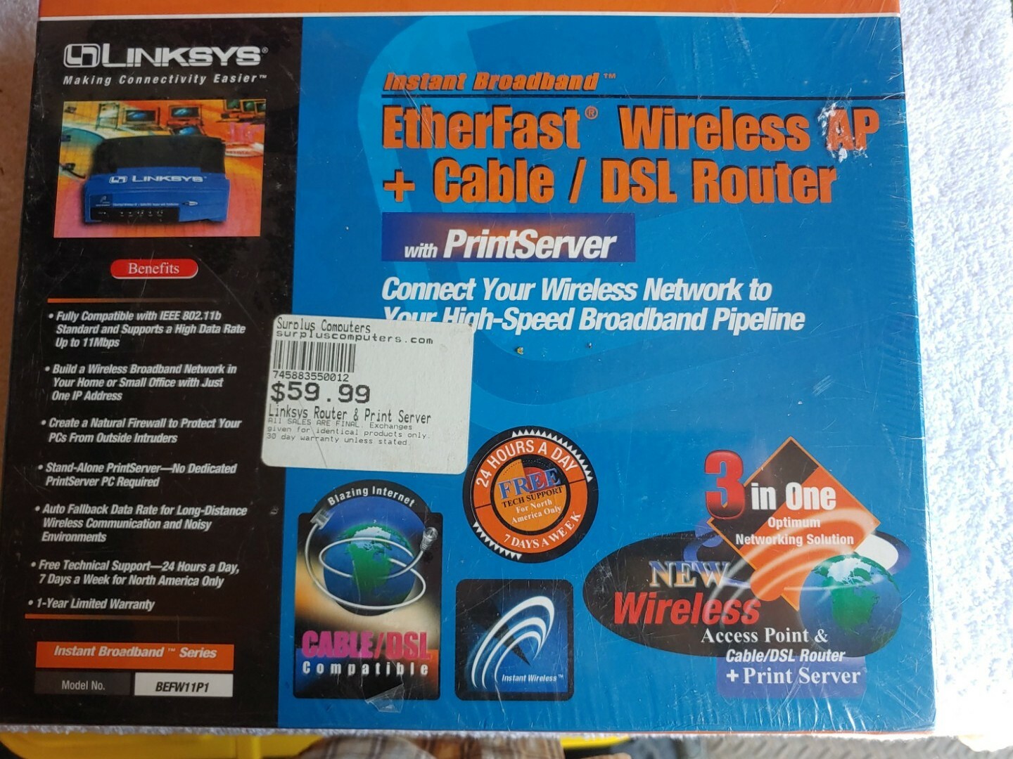 Linksys BEFW11P1 Etherfast Wireless AP+Cable/DSL Router+Print server SEALED