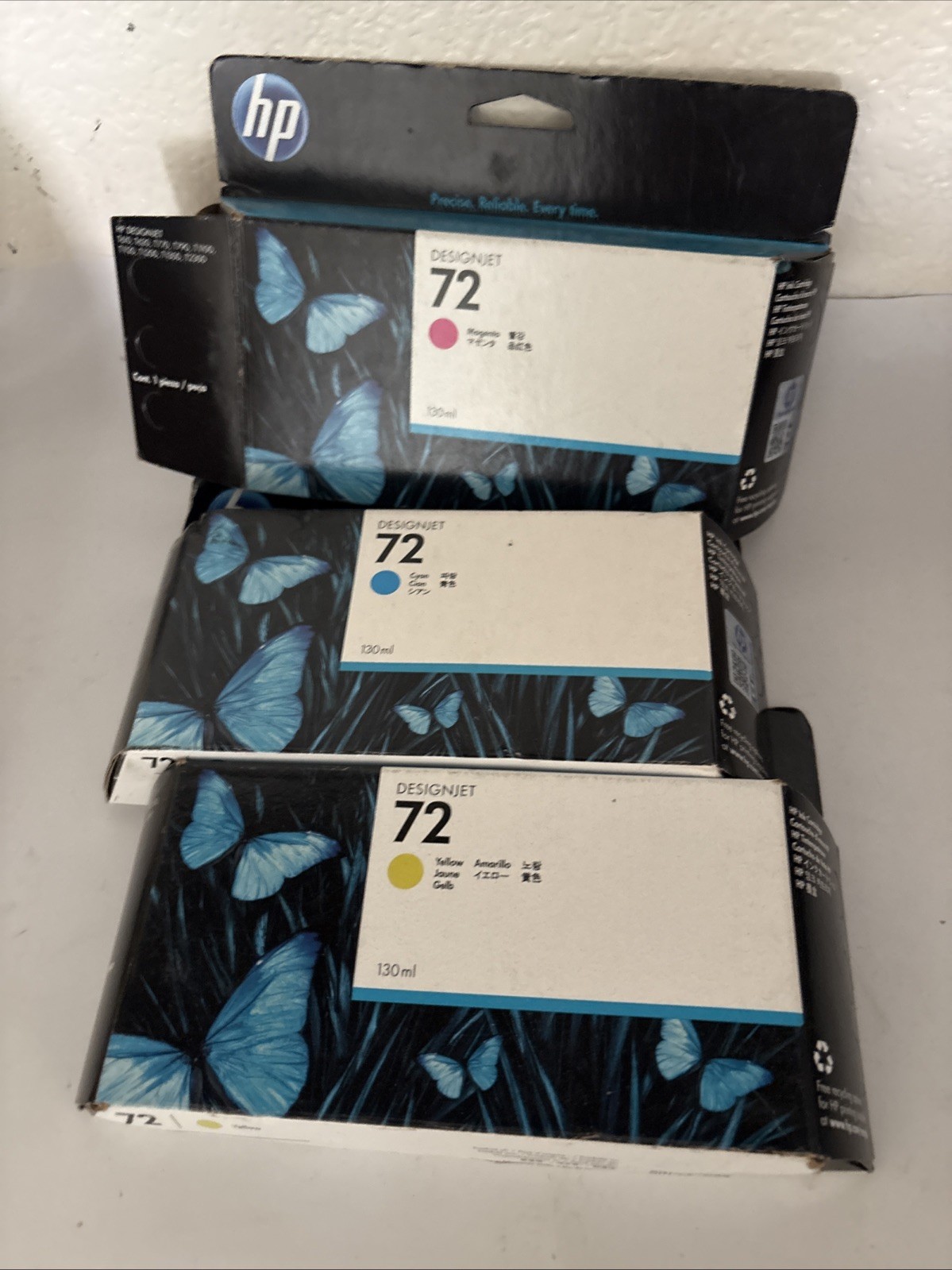 HP Lot of 3 DesignJet Ink 72 Office Photo Yellow Cyan Magenta Exp Open Box