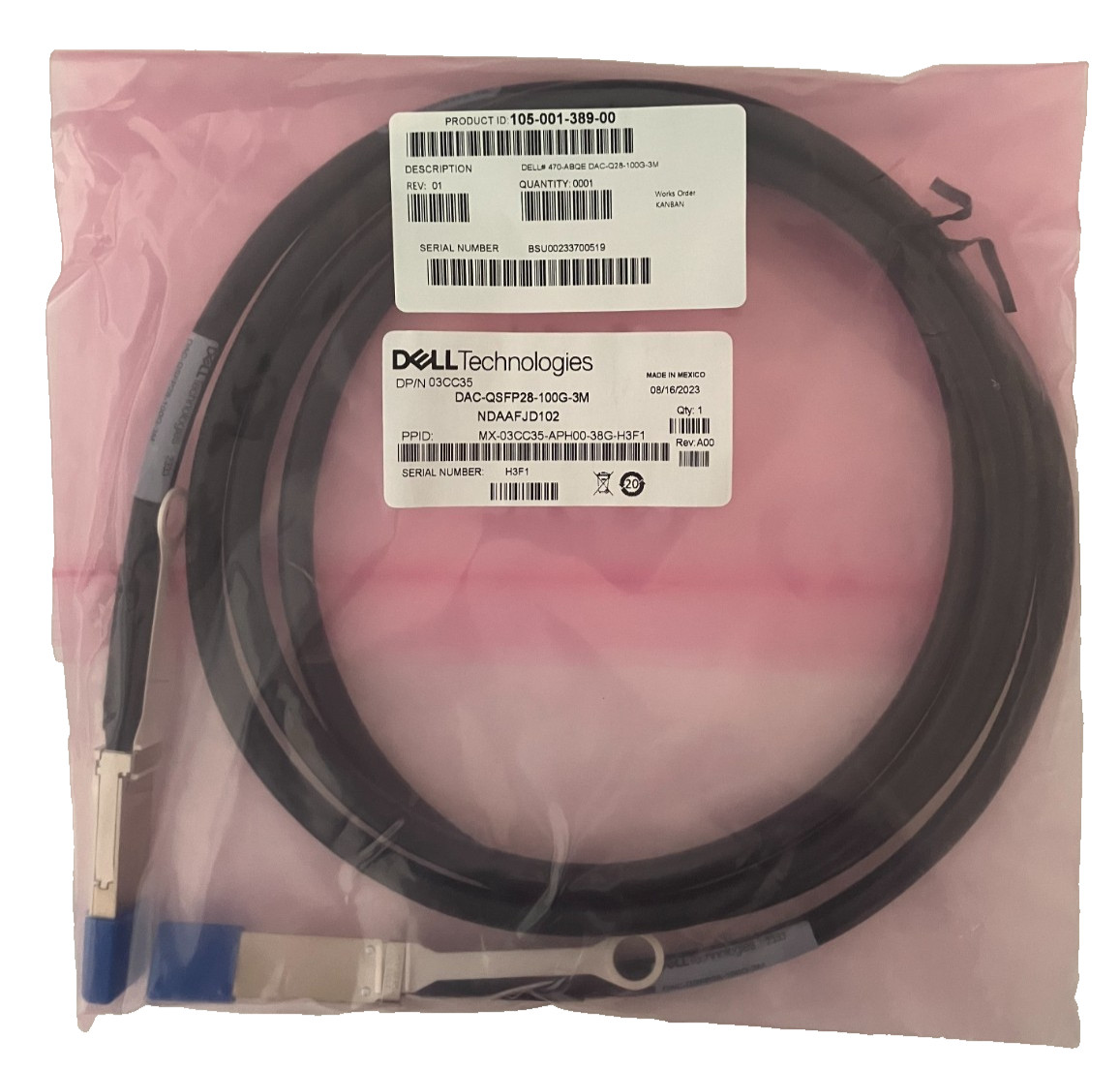 Dell DAC-QSFP28-100G-3M 03CC35 470-ABQE DAC-Q28-100G-3M NETWORK CABLE NEW