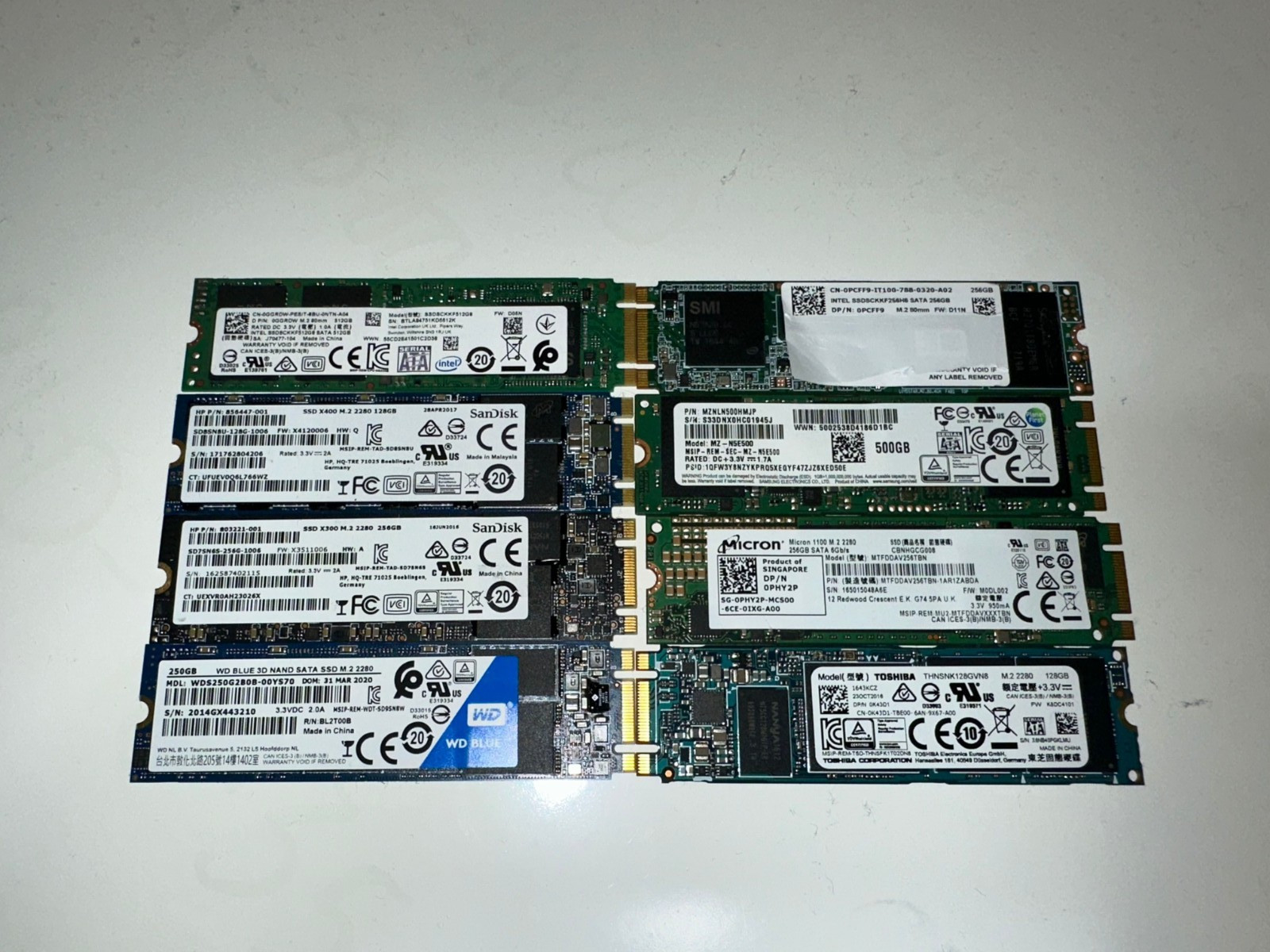 Lot of 8 Samsung, SanDisk, Micron 500GB, 512GB, 250GB, 256GB M.2 SATA SSD