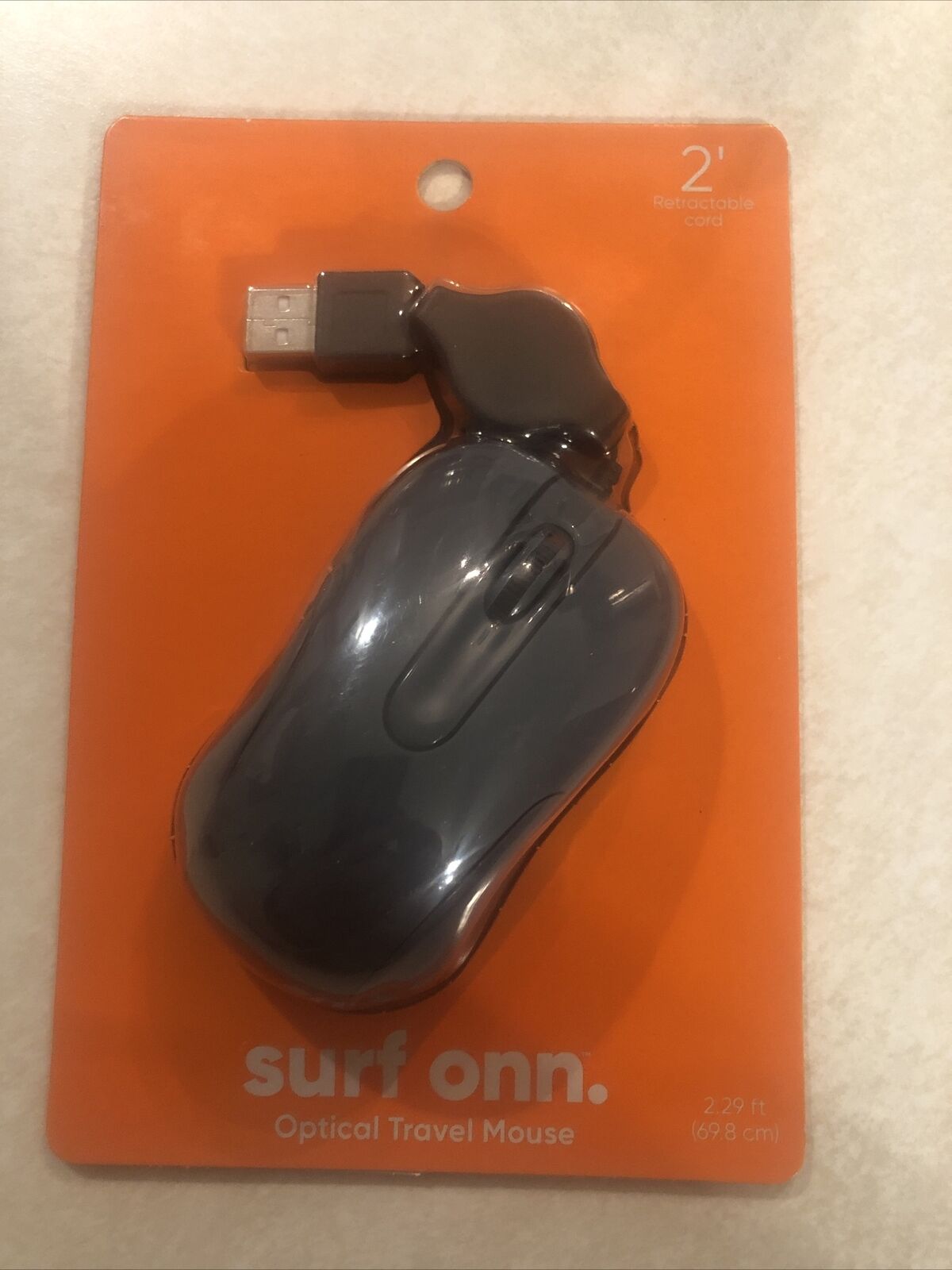 ONN Travel Mouse 3 Button w/ Retractable USB Cord Scroll Wheel Either Hand, New