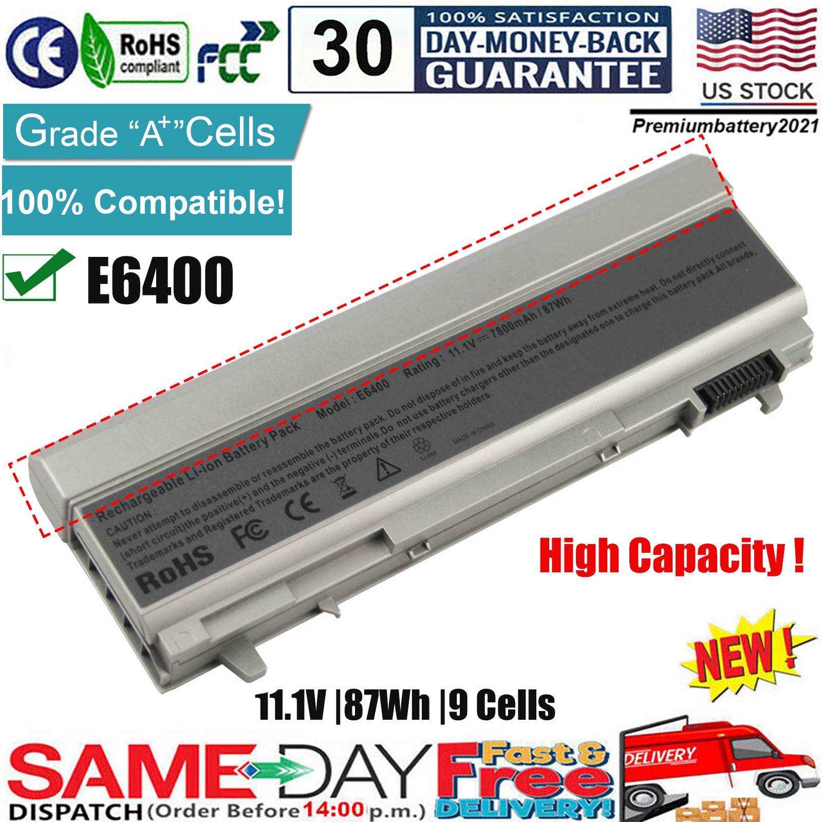 9-Cells For Dell Latitude E6400 E6500 E6410 E6510 Laptop Battery 4M529 F8TTW