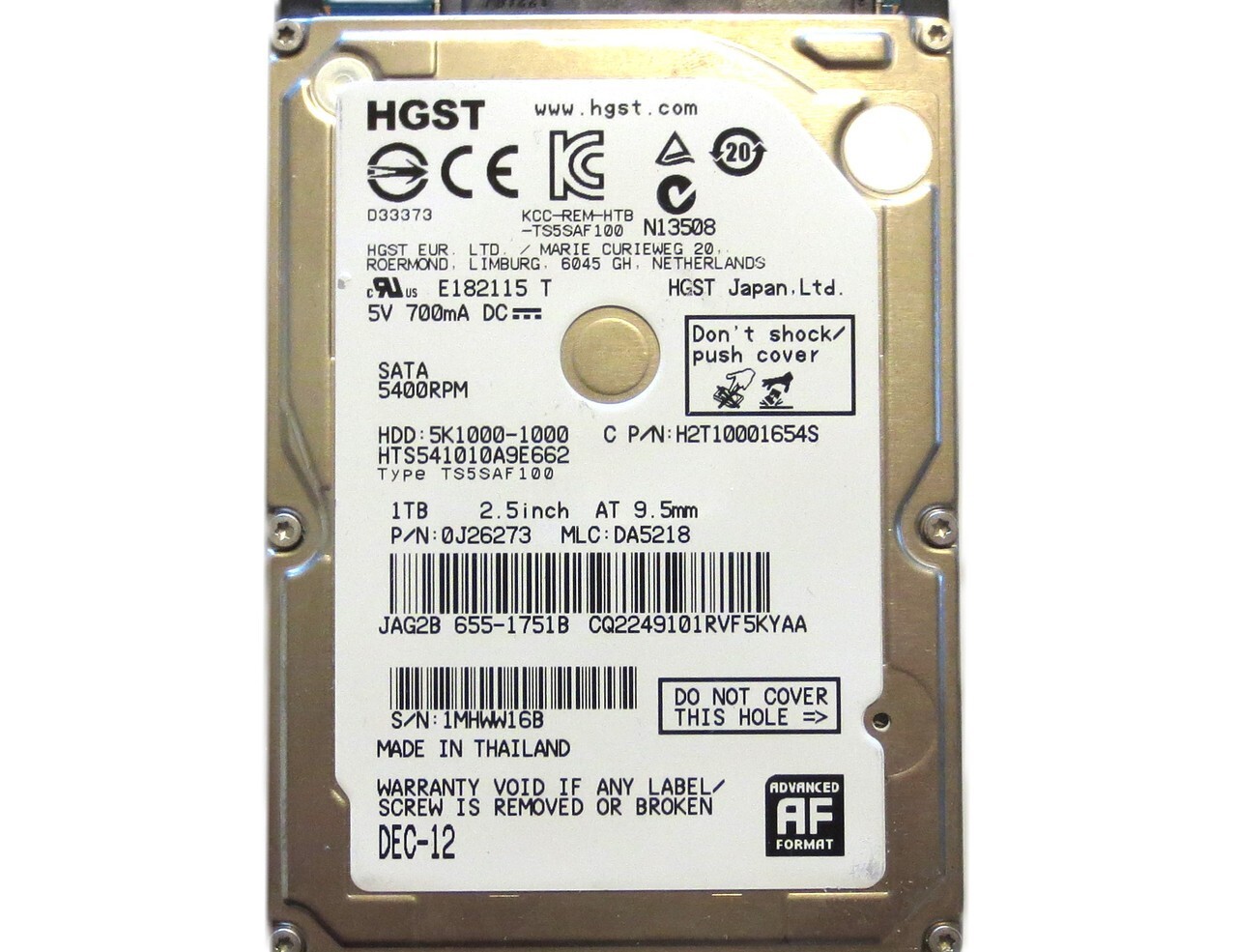 Hitachi HTS541010A9E662 0J26273 DA5218 (1MH) Thailand 2.5" 1TB Sata DEC/12
