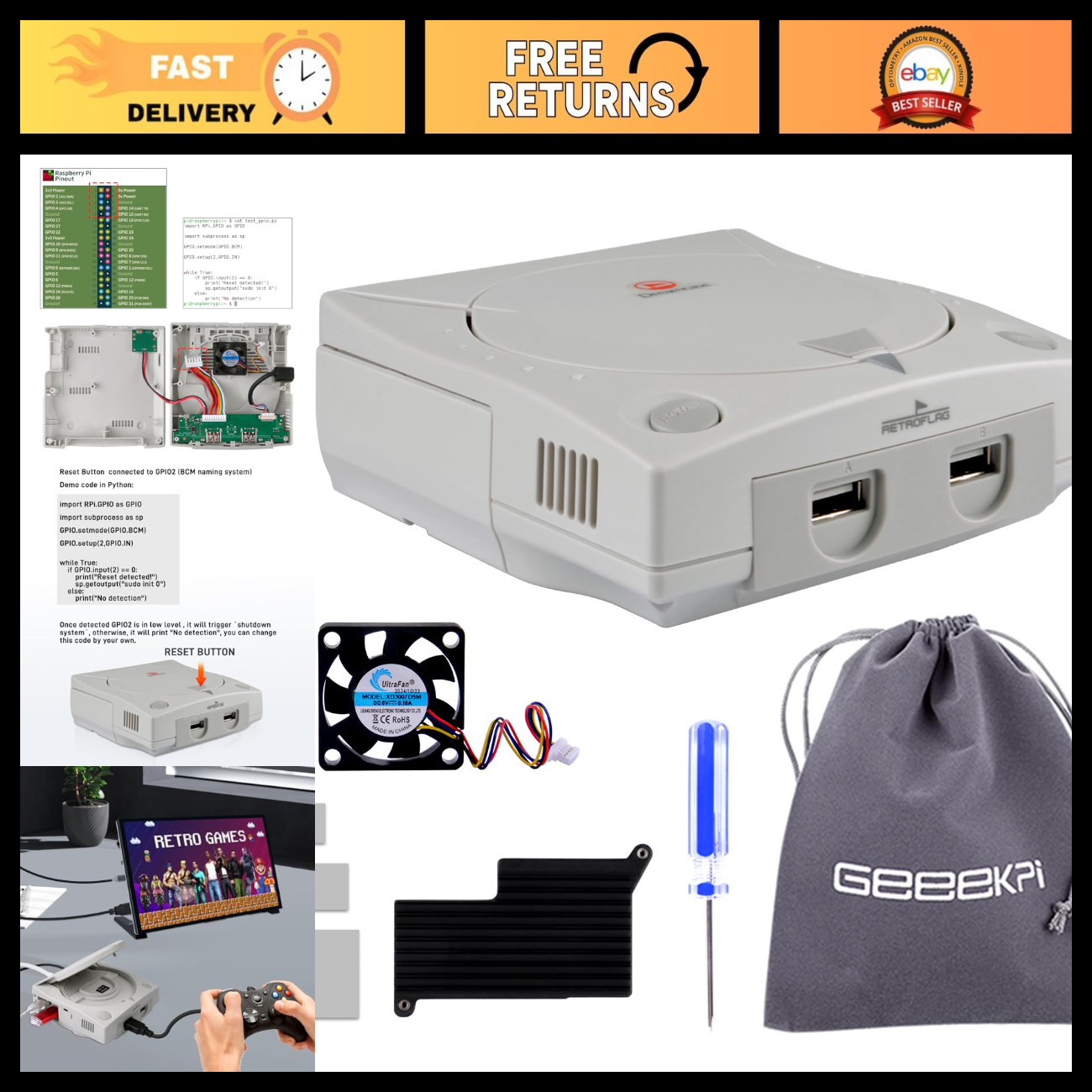 Retro Gaming Case for Raspberry Pi 5 - Cooling Fan, Heatsink, USB, LAN, HDMI
