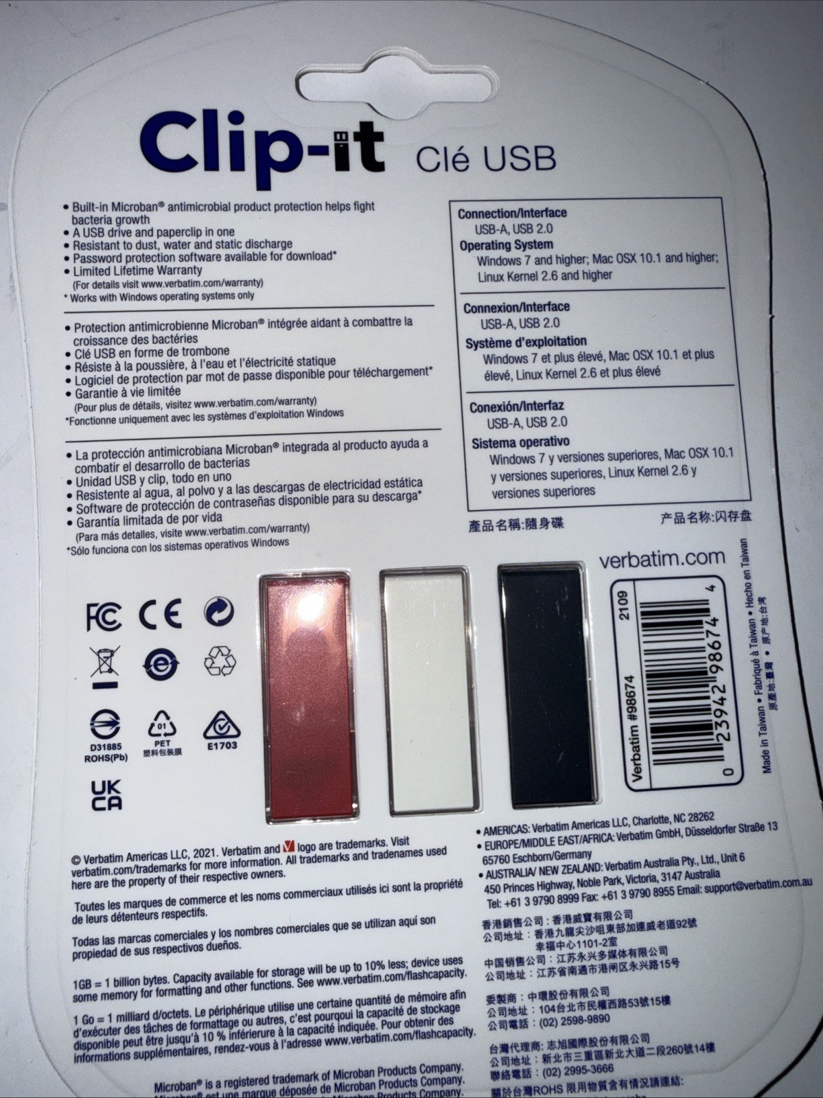 Verbatim 8gb Clip-it Usb Flash Drive 3 Pack NEW Red White Black  