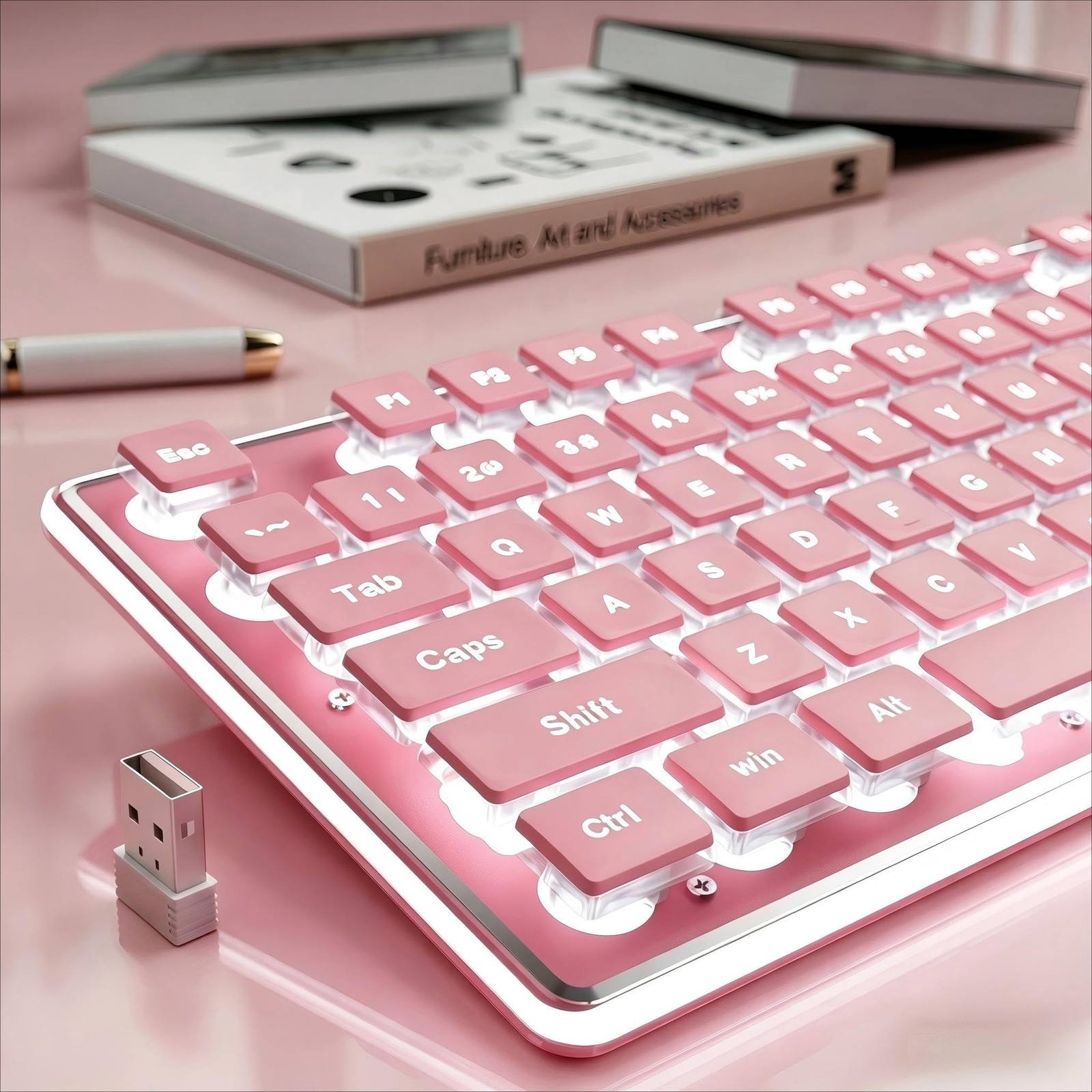Pink EWEADN X7S Wireless Keyboard White Backlit Metal Panel 2.4G Recharge