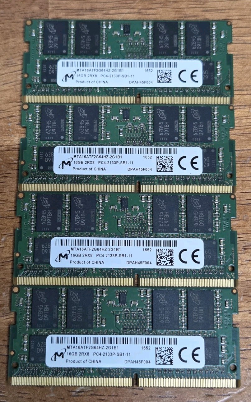 LOT OF 4 Micron 16GB (64G) DDR4 PC4-2133P Sodimm Memory RAM MTA16ATF2G64HZ-2G1B1