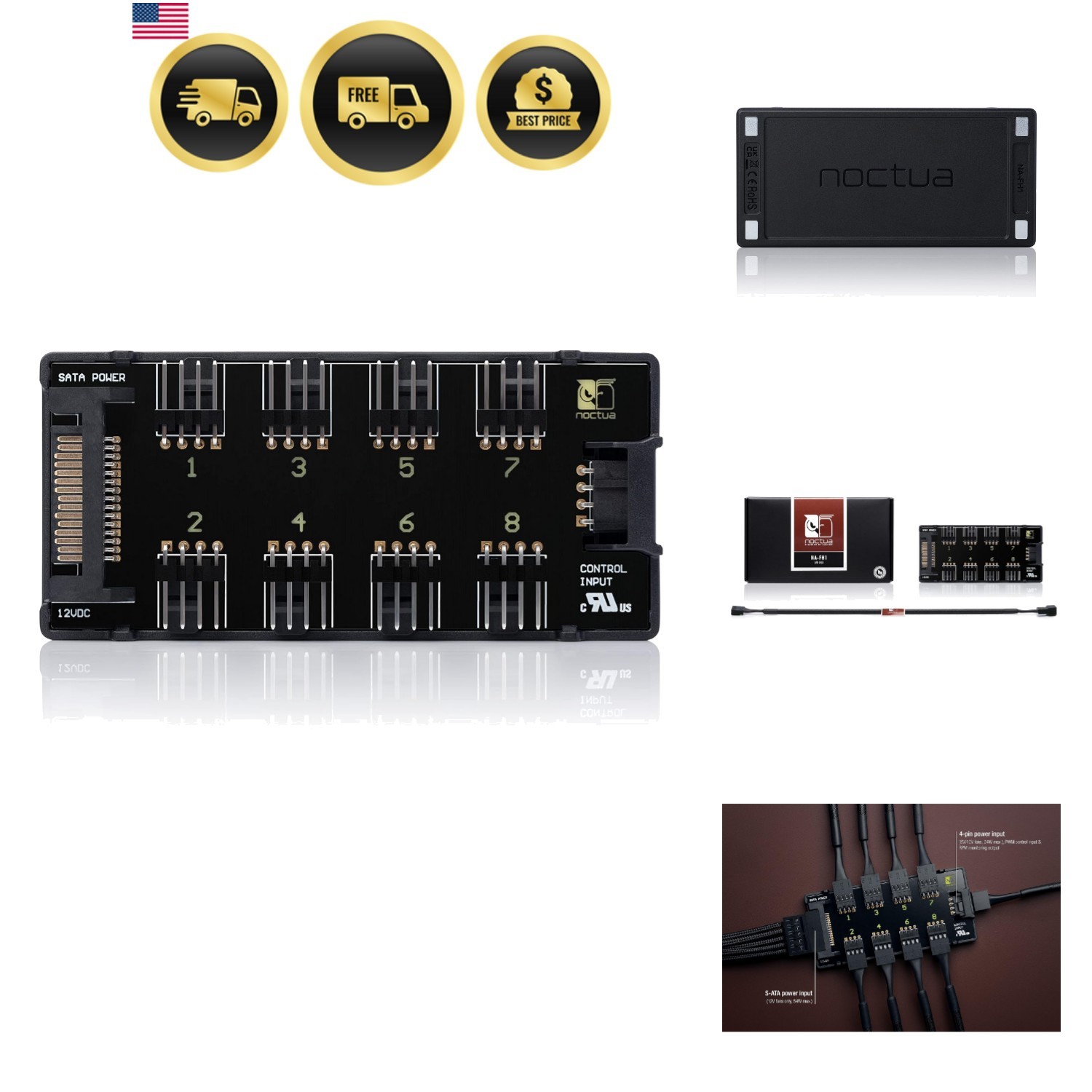 NA-FH1, 8 Channel Fan Hub for up to Eight 12V or 5V Based 4-pin PWM or 3-pin ...