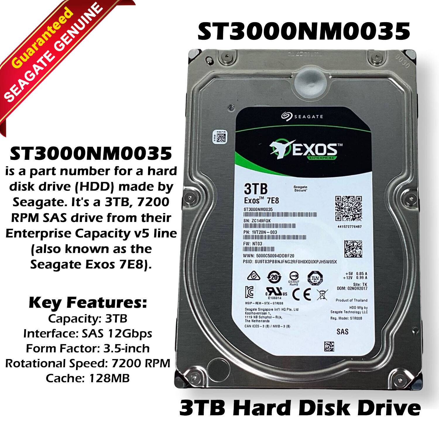 Seagate ST3000NM0035 Hard Disk Drive 3TB 7200RPM 3.5