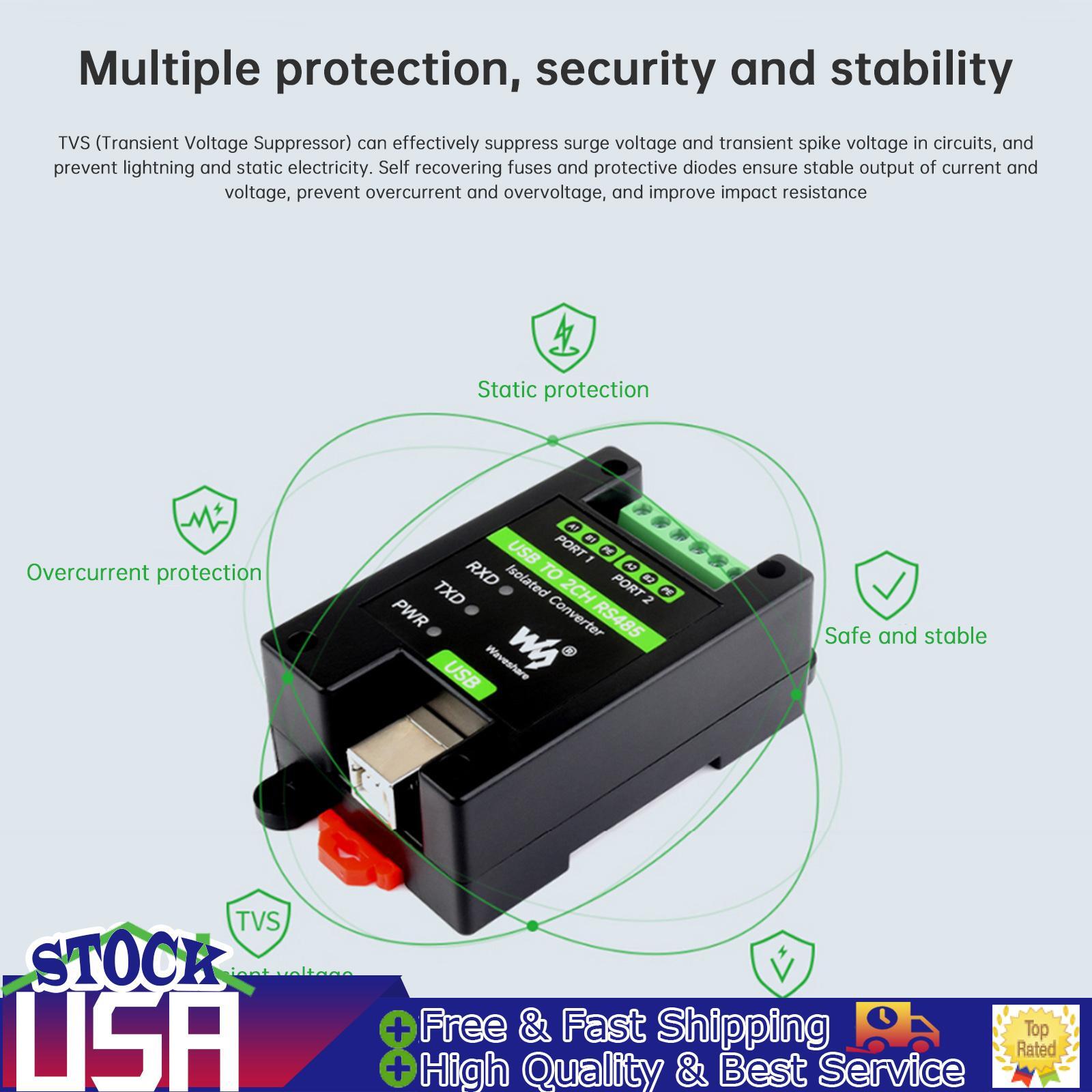 Industrial Isolated USB to 2-Way RS485 Serial Port Converter Rail Installation