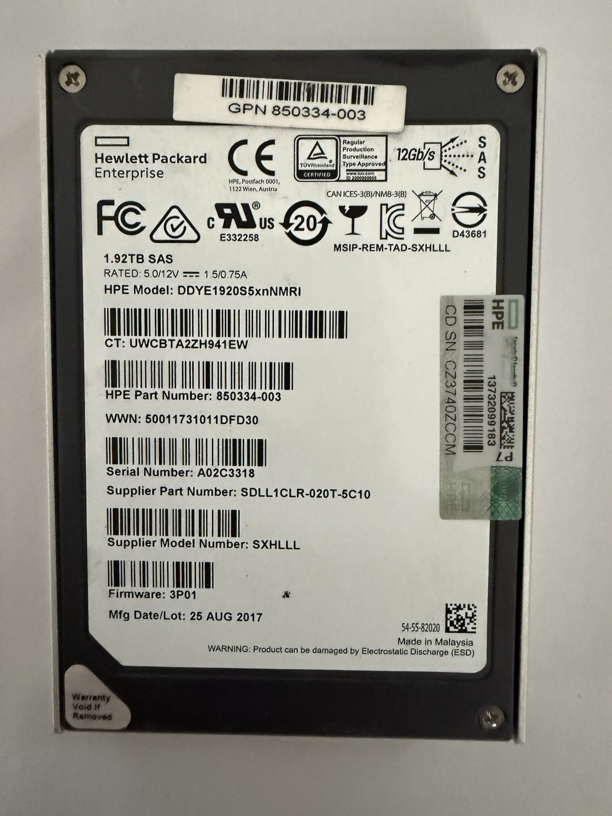 HPE 1.92TB SSD 2.5"  12Gbs SAS DDYE1920S5xnNMRI SXHLLL 778252-001 850334-003