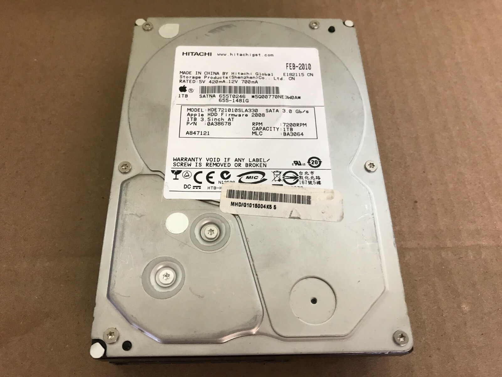 Hitachi HDE721010SLA330 PN:0A38678 MLC:BA3064 Apple#655-1481G 1.0TB  Sata HDD