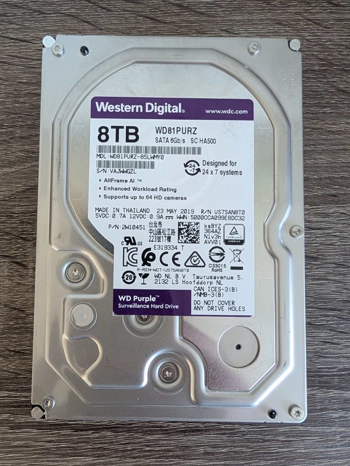 WD Purple 8TB WD81PURZ 3.5" SATA Surveillance HDD SMART Good 37K Hours