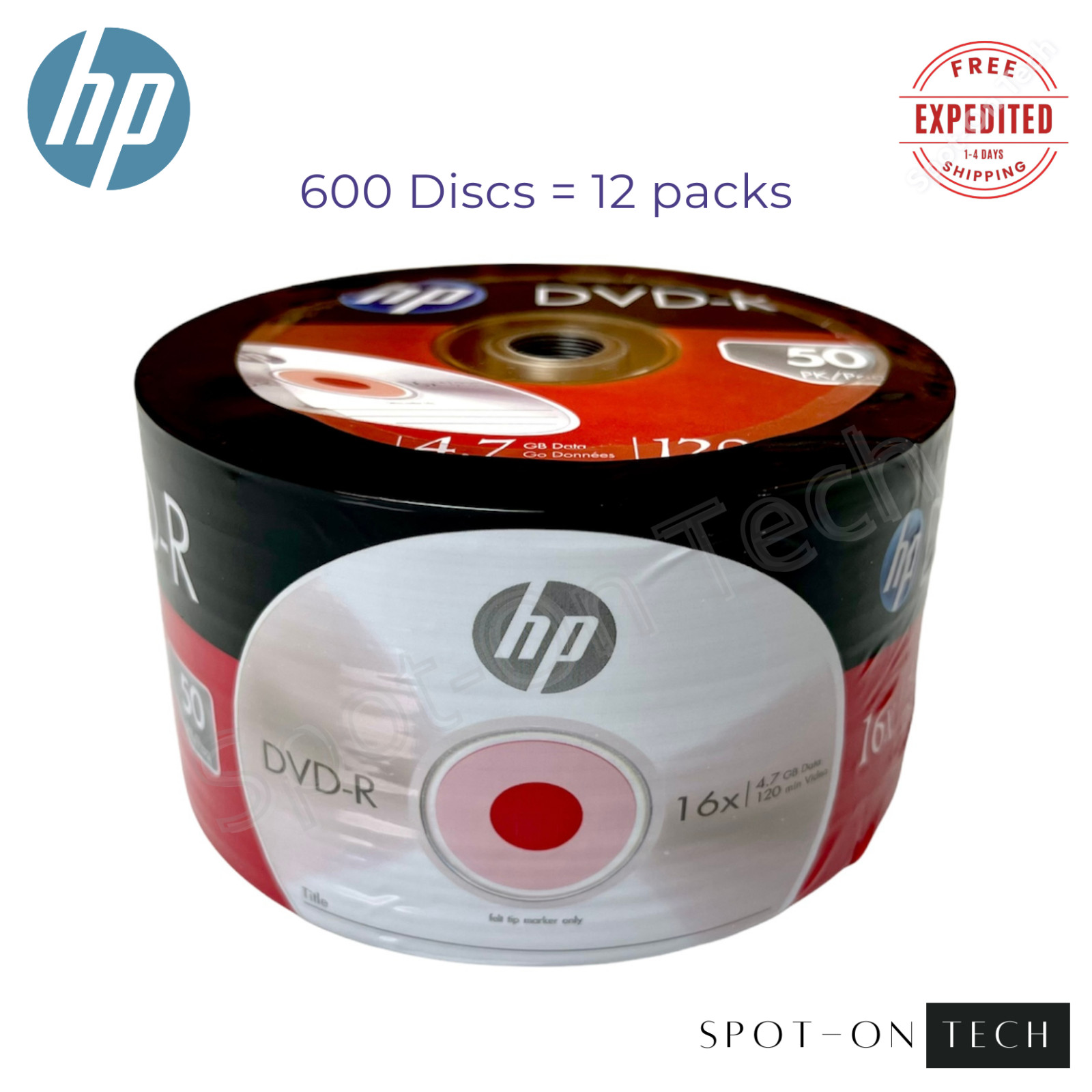 600 HP DVD DVD-R Logo Disc 16X Blank media 4.7GB/120Min 12pk of 50 SAME DAY bulk