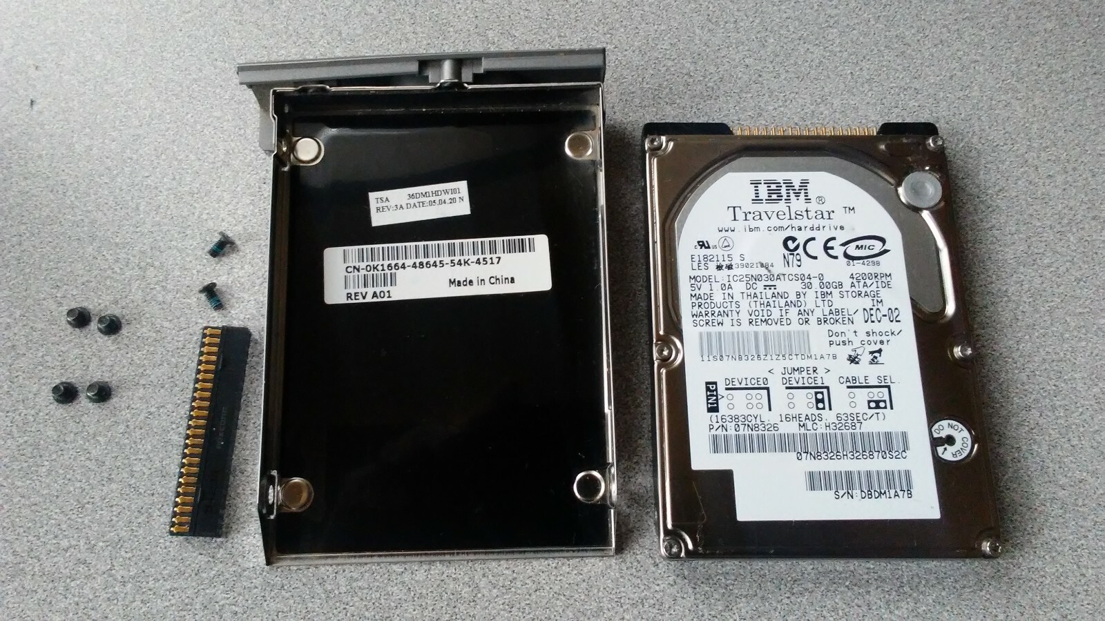 Dell CN-0K1664 Hard Disk Caddy & Used IBM Travelstar 30GB Laptop IDE HD Drive