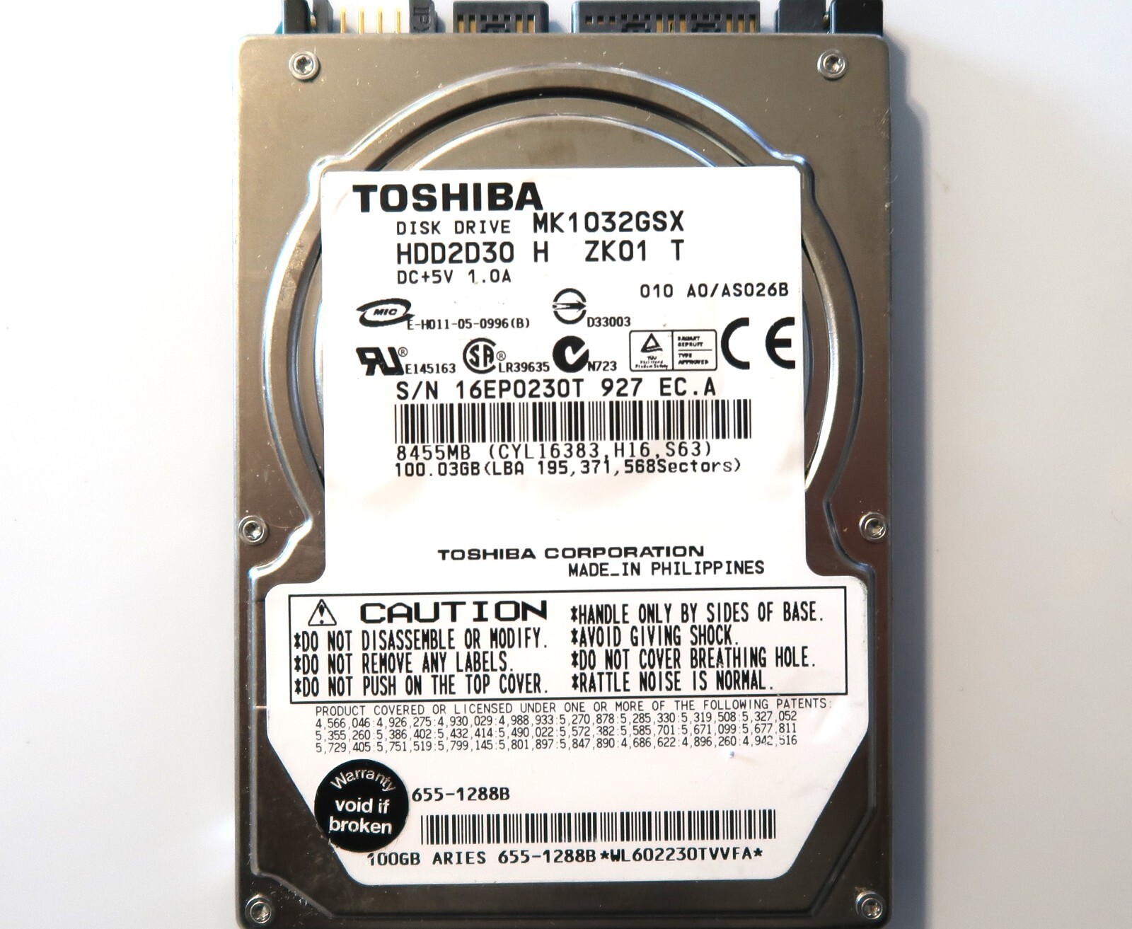 Toshiba MK1032GSX (HDD2D30 H ZK01 T) 010 A0/AS026B Sata 100gb 2.5"  Philippines