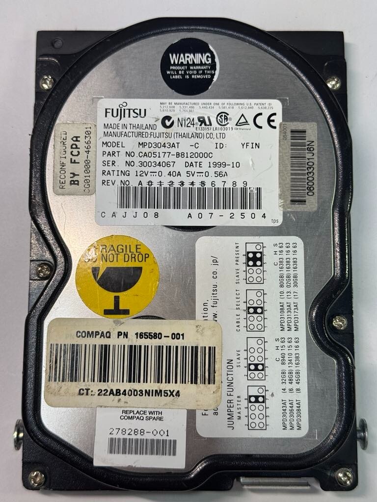 Fujitsu CA05177-B812000C MPD3043AT-C 4.3GB 5.4K RPM 512KB Cache IDEATA-33 HDD