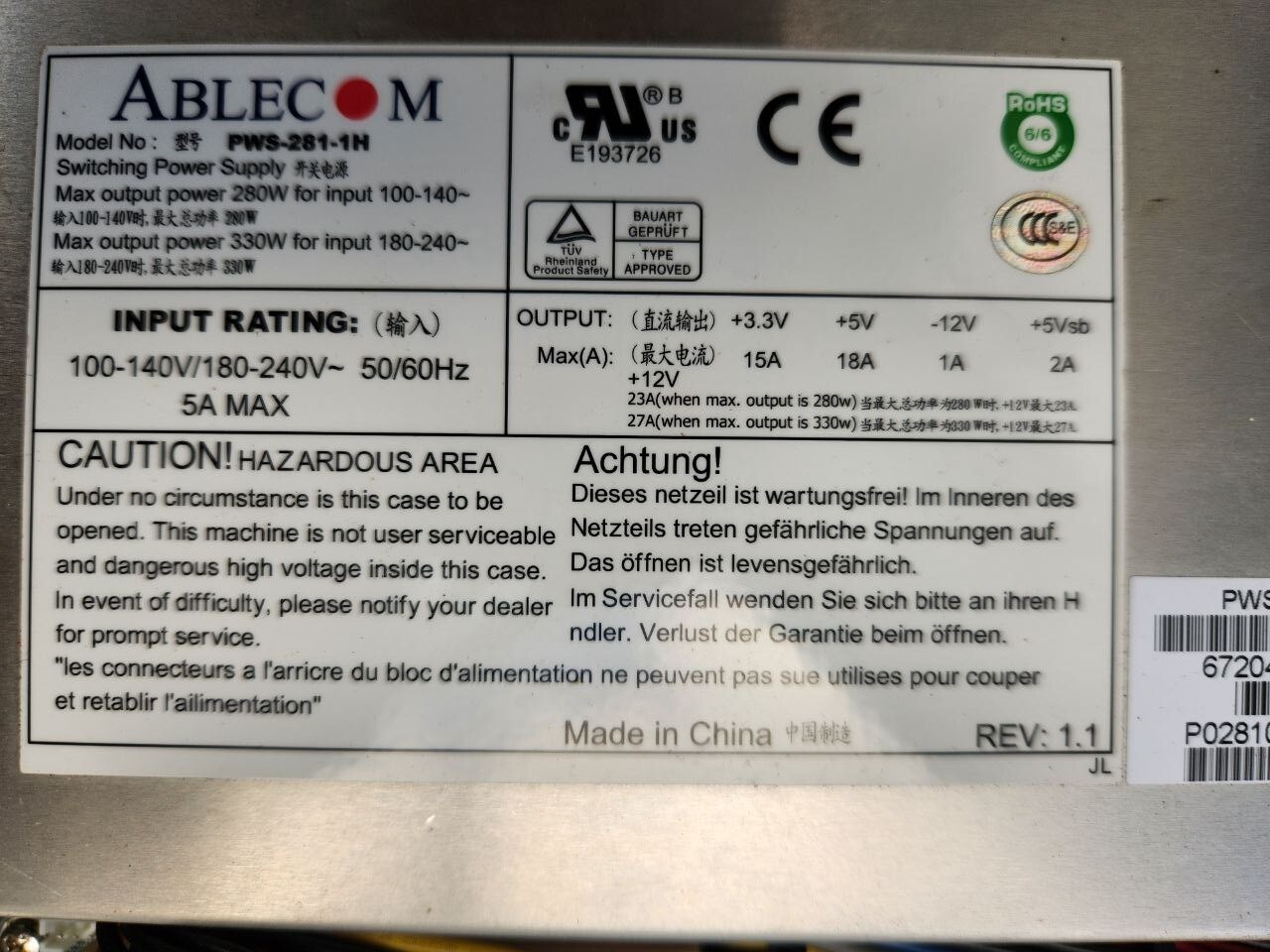 Ablecom Supermicro 280W Power Supply Unit / PSU PWS-281-1H, Tested and working