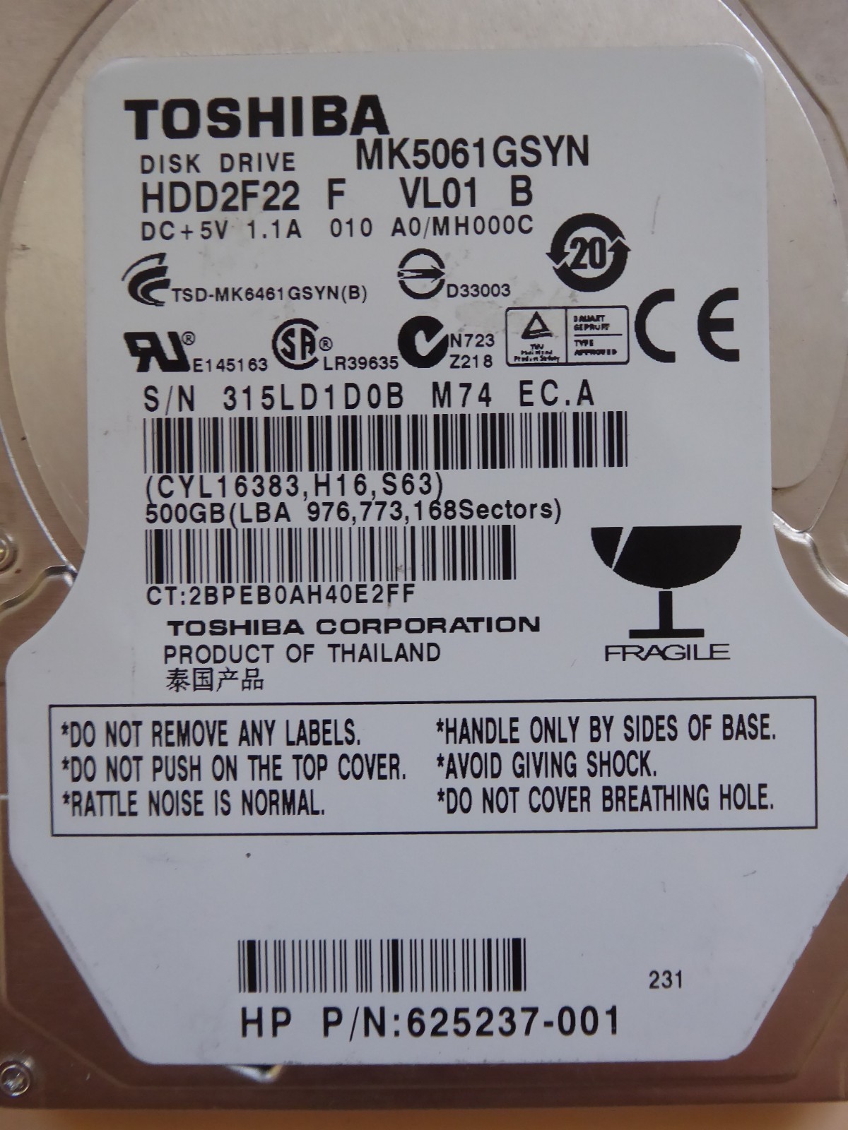 Toshiba MK5061GSYN HDD2F22 F VL01 B | 010 A0/MH000C | 500GB