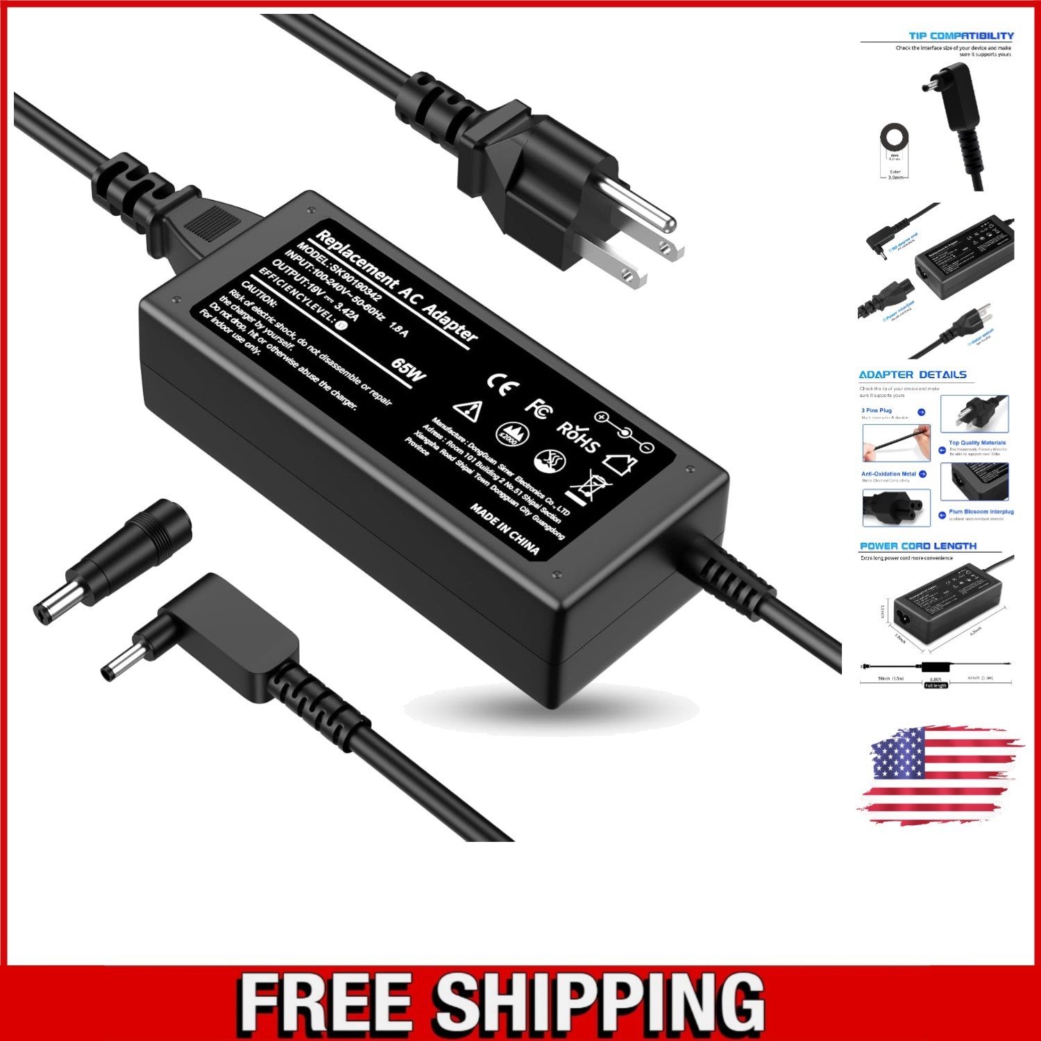 Reliable 3-Prong 65W Acer Charger 19V with Fast Charging - Perfect for Travel