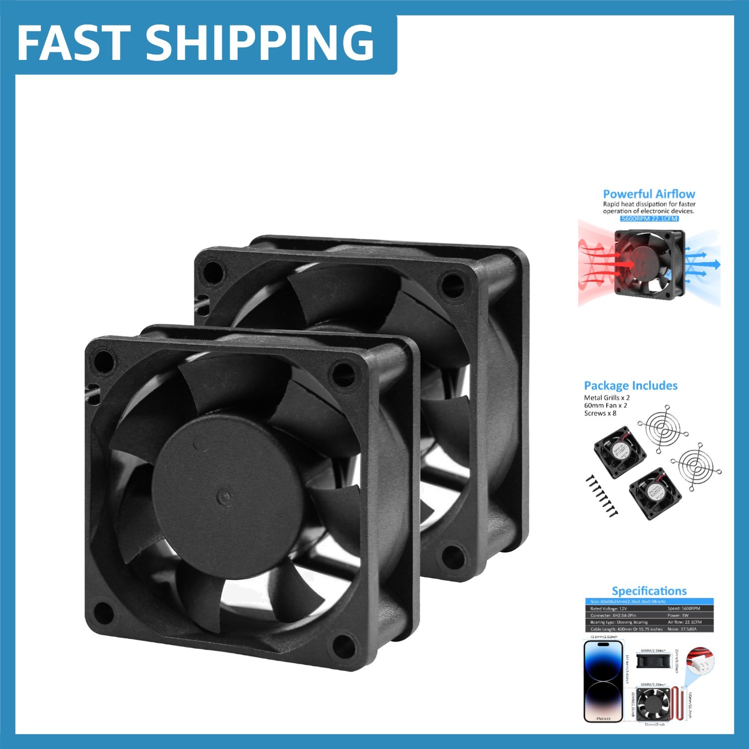 Versatile 60mm 12V DC Cooling Fan, 5600 RPM for Car Audio & Electronics - 2-Pack