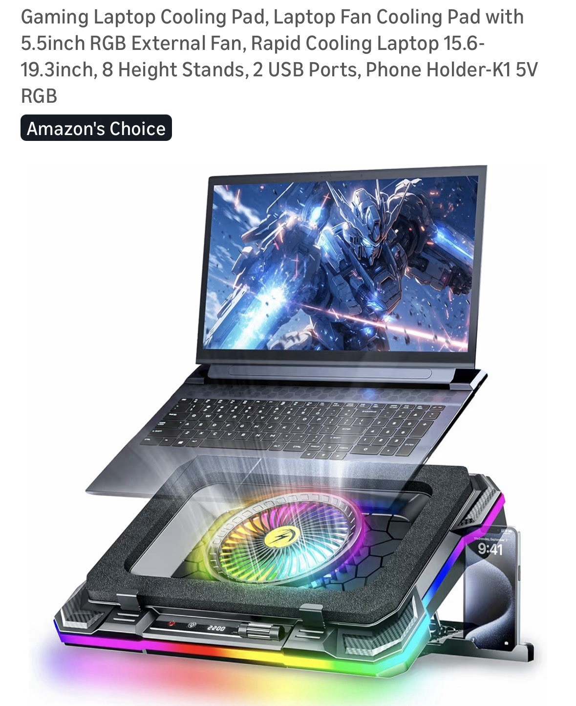 KeiBn K1 RGB Gaming Laptop Cooling Pad - 5.5" Fan, Rapid Cooling, 8 Heights, 2