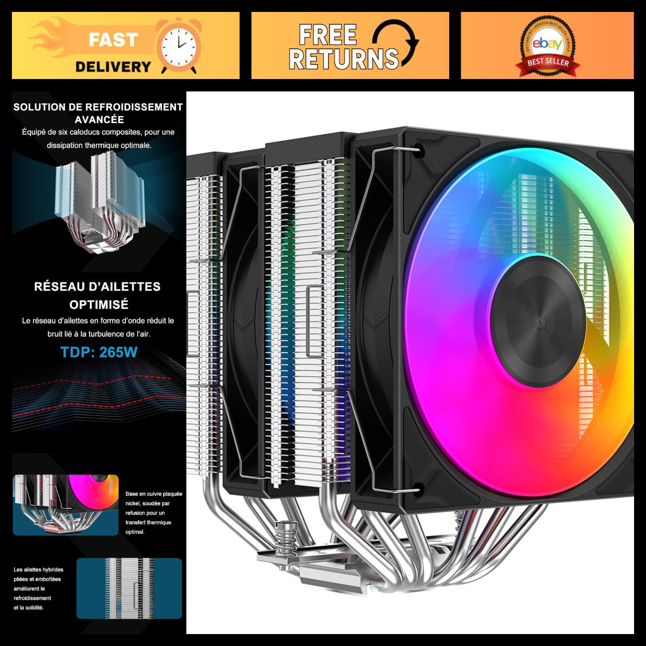 Dual Tower CPU Air Cooler 265W TDP, 6 Heat Pipes, High Performance PC Cooling