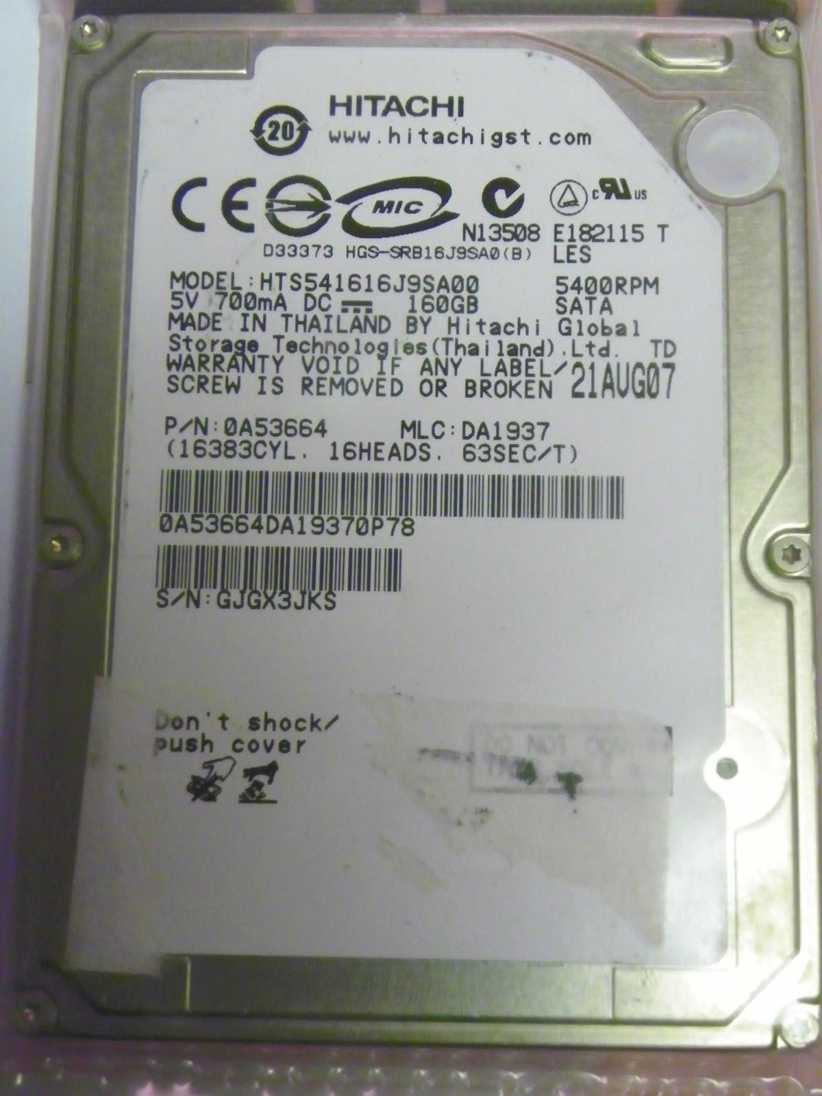 Hitachi HTS541616J9SA00 P/N: 0A53664 MLC:DA1937 160GB SATA Laptop Hard Drive 