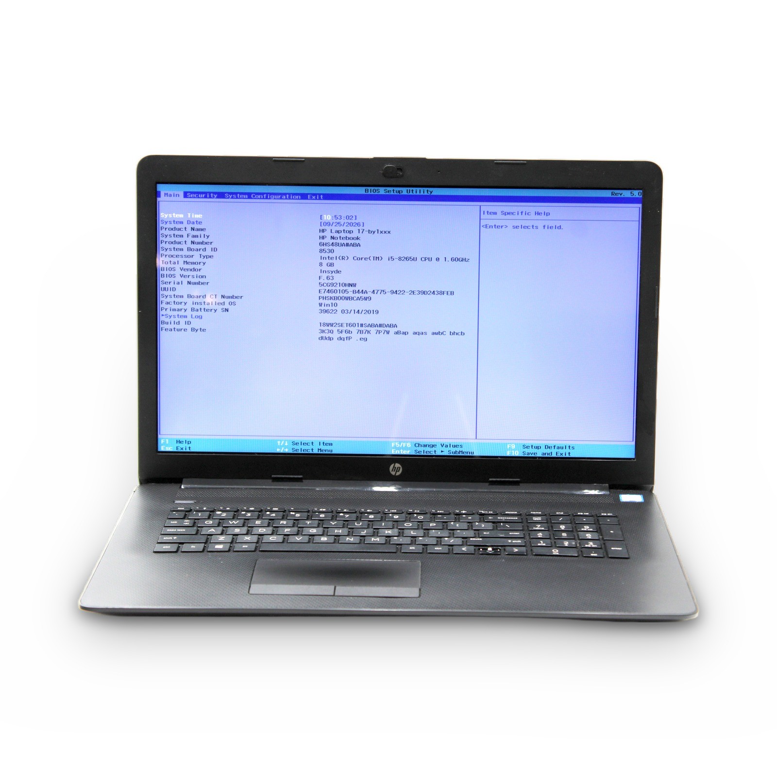 HP 17-by1033dx 17.3in i5-8265U 8GB 1600x900 Grade B No Drive, OS, Power Cord