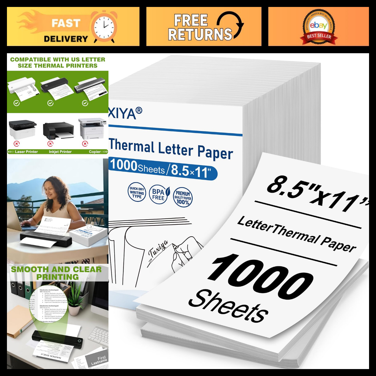 1000 Sheets Thermal Printer Paper 8.5"x11" - High Quality, Fast Drying, Compatib
