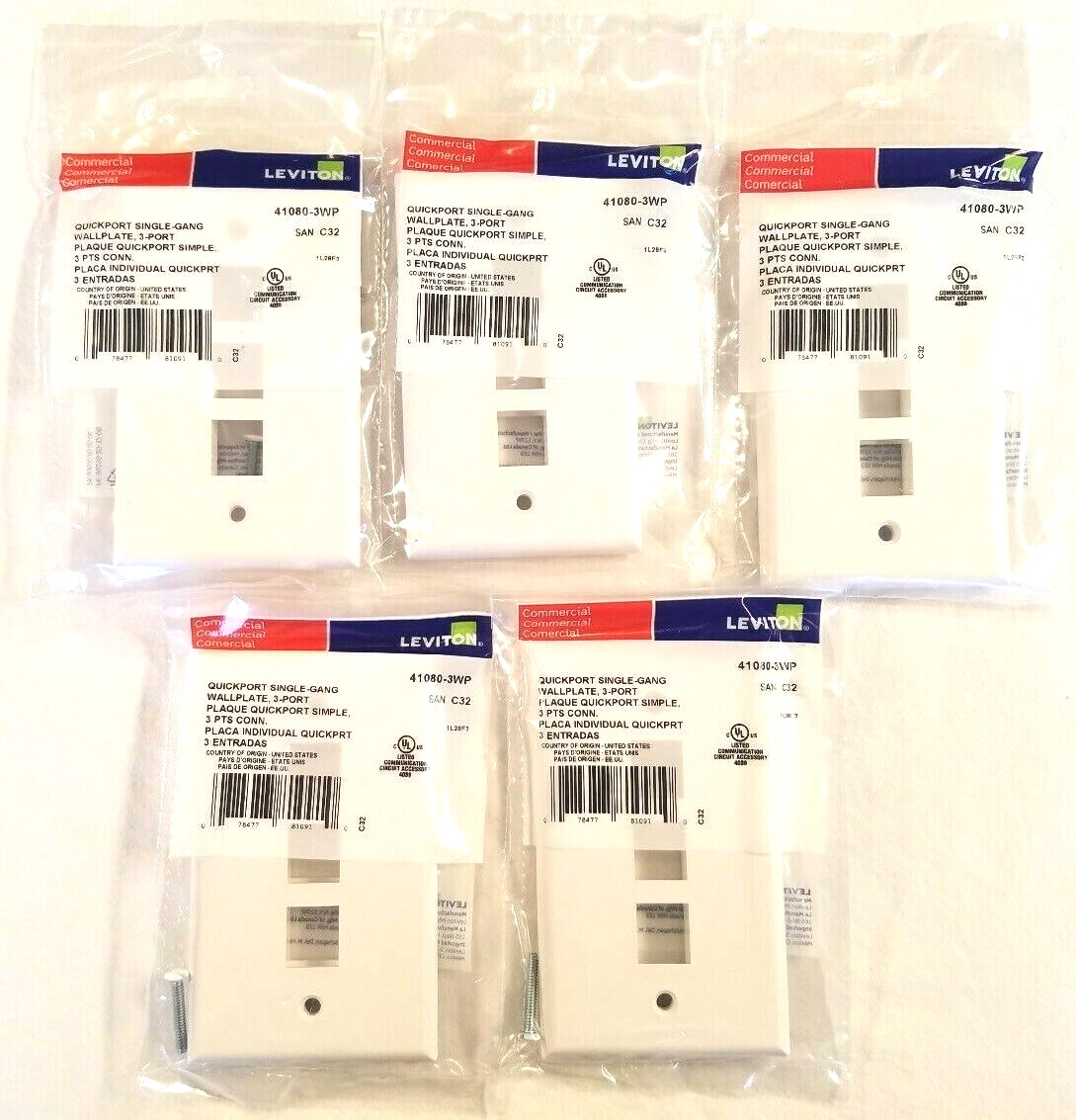 41080-3WP 3-Port Leviton Single-Gang QuickPort Wallplate, White - 5 PACK