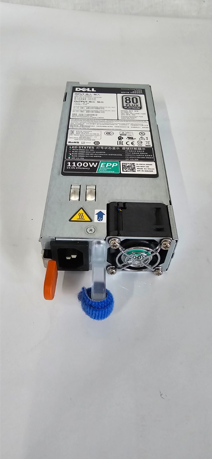 DELL J6J4K 1100W AC 80 Plus Platinum PSU Back to Front Airflow