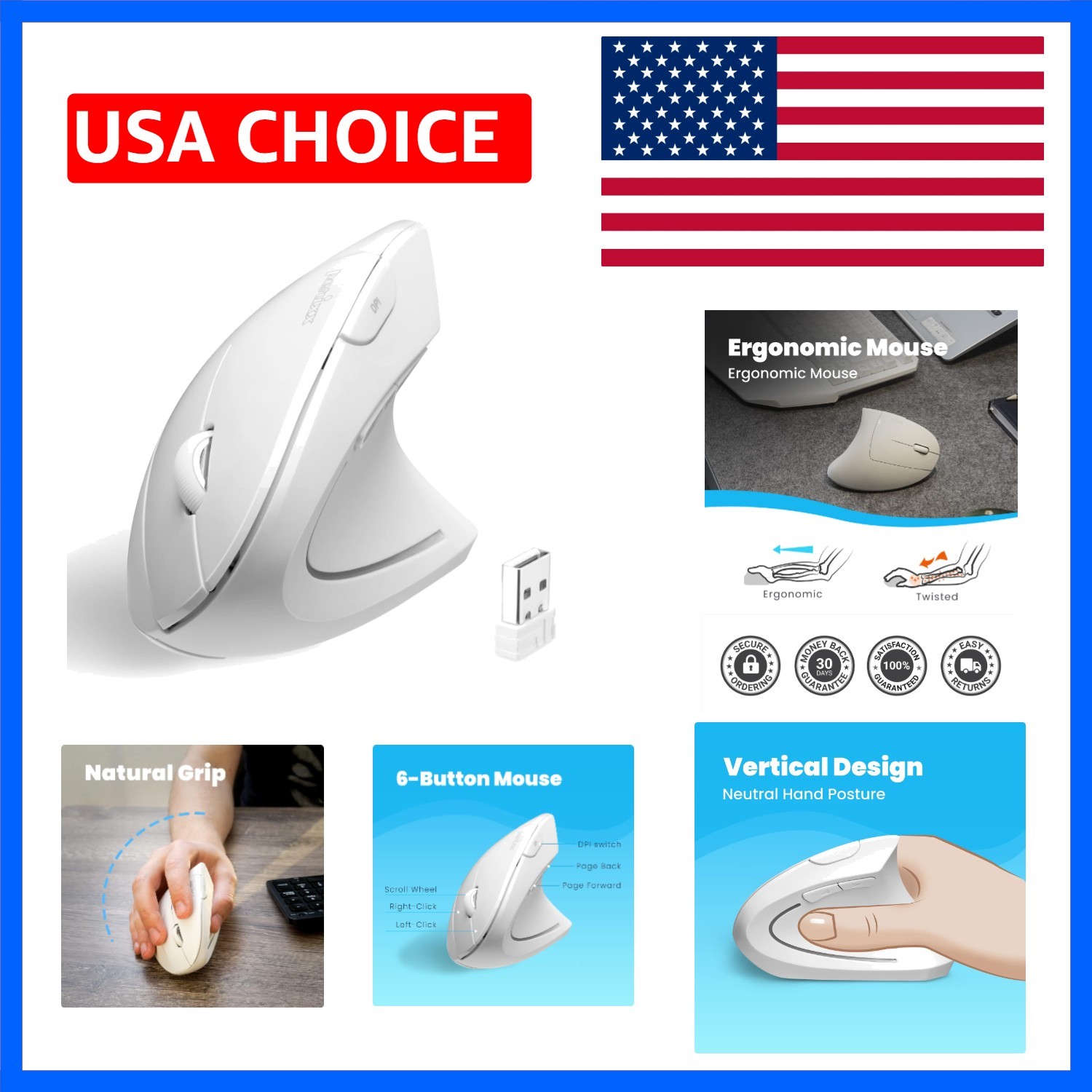 PERIMICE-713W Wireless Ergonomic Vertical Mouse - 2.4G Spec with USB Receiver...