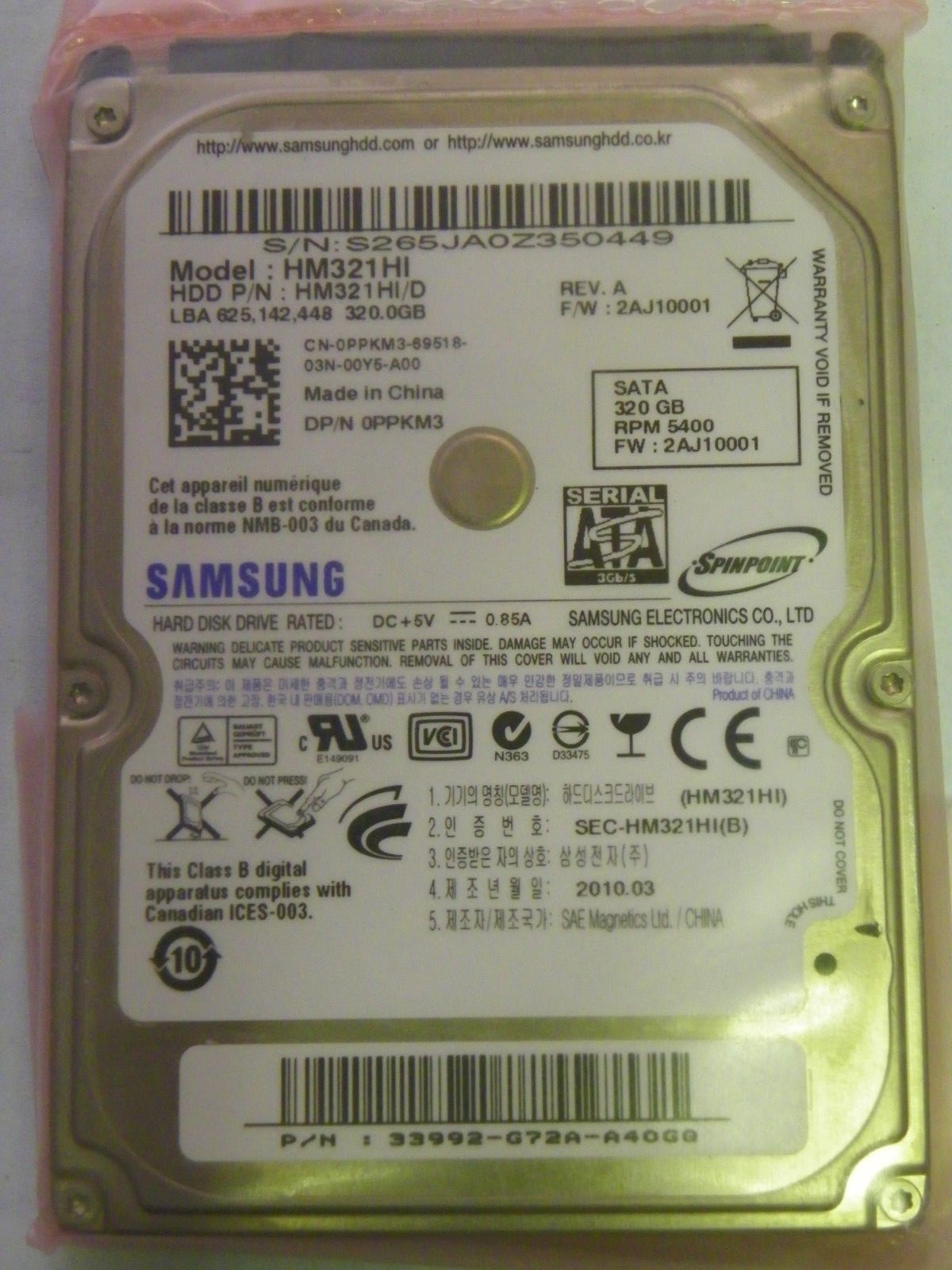 Samsung HM321HI P/N: HM321HI/D FW:2AJ10001 DP/N 0PPKM3 Laptop 320GB 2.5" SATA HD