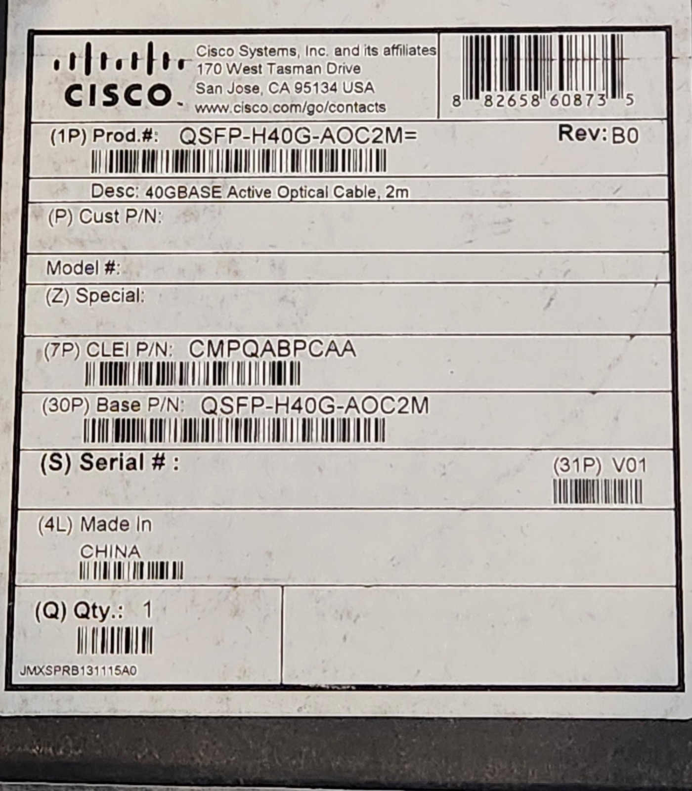 (2M) Genuine CISCO QSFP-H40G-AOC2M - 40GBASE Active Optical