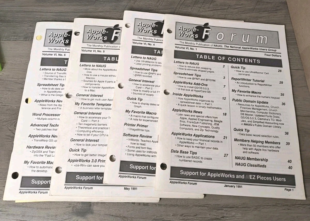 AppleWorks Forum Magazine Volume VI No.1,4,5,6 1991 for Apple II II+ IIe IIc 