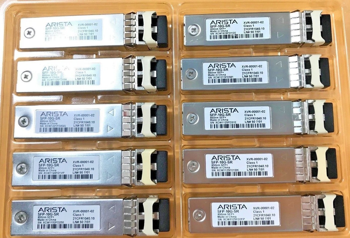 10x Arista 10G SFP-10G-SR XVR-00001-02 10GB 850nm SFP+ Transceiver Lot of 10 