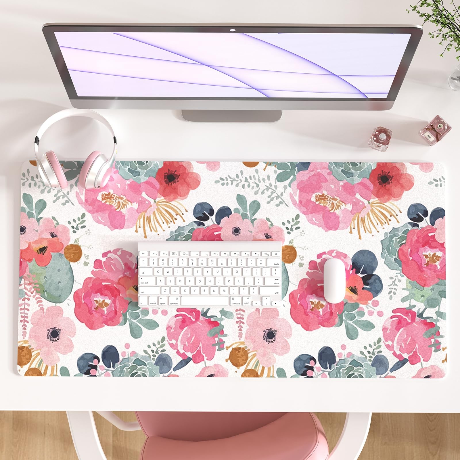 PU Leather Large Pad, Waterproof Desk Mat, 31.5" x 15.7", Peony
