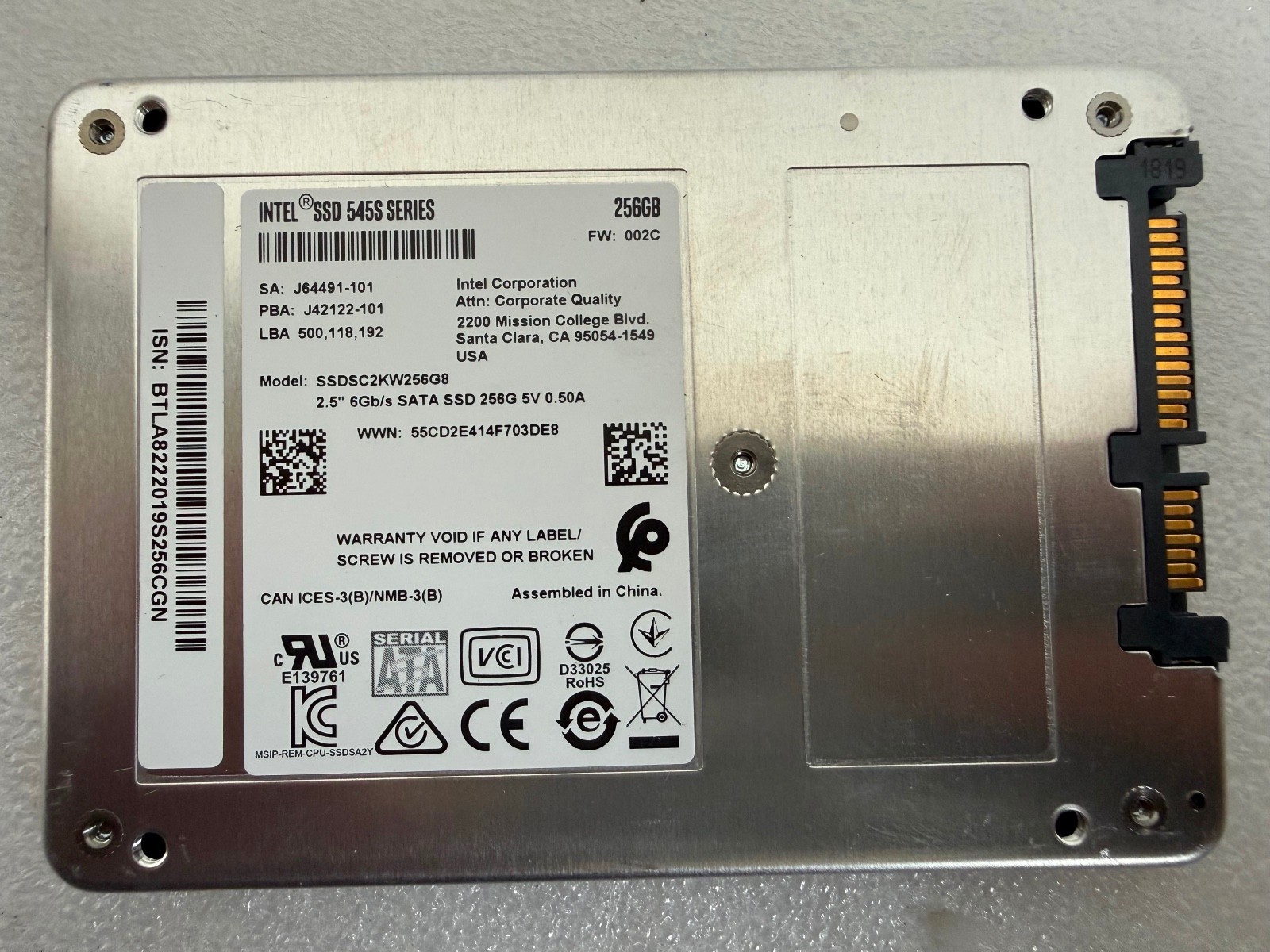Intel 545s Series 256GB 2.5" SATA III 6Gb/s SSD SSDSC2KW256G8