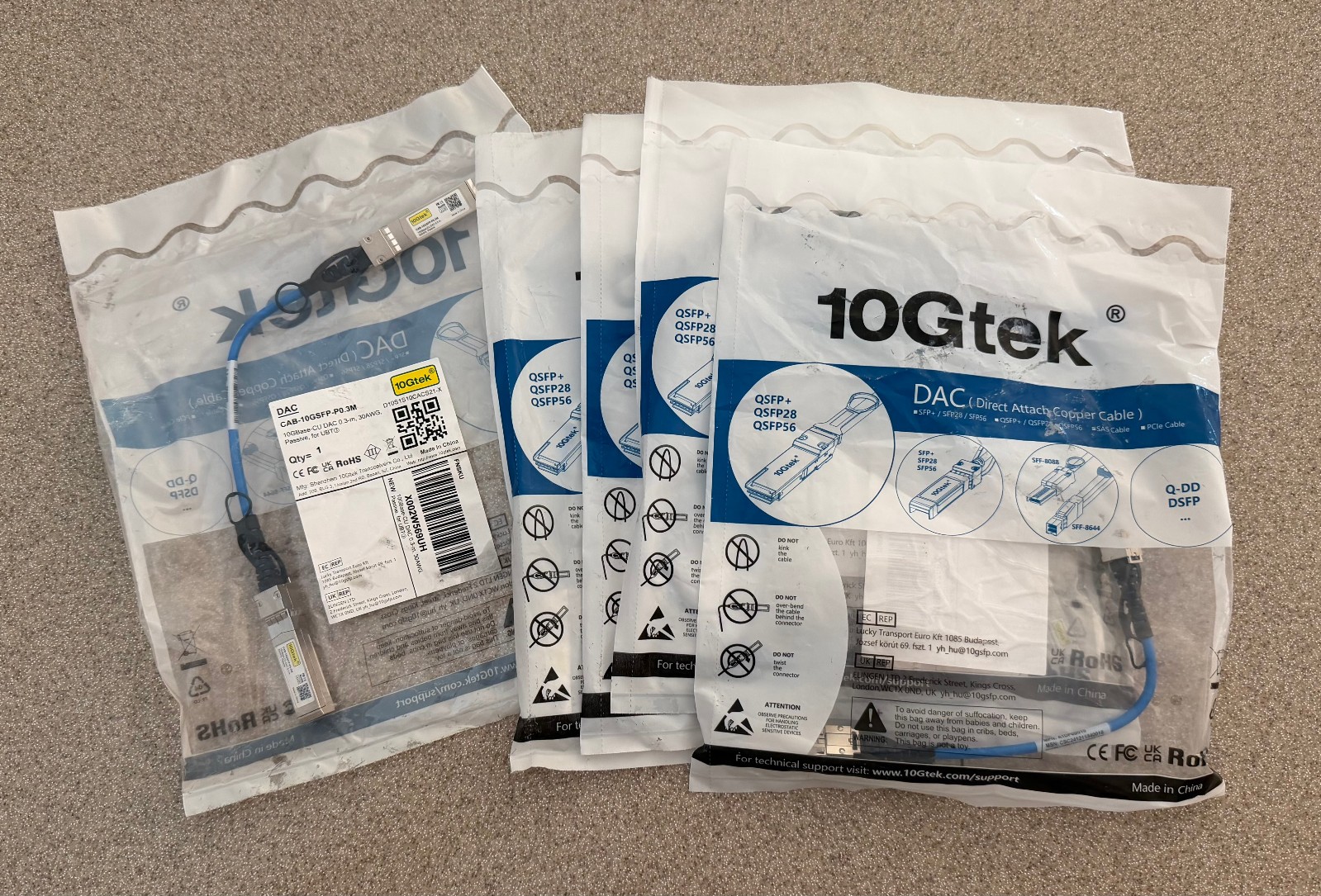 Lot Of 5 10Gtek CAB-10GSFP-P0.3M 10G Base-CU DAC 0.3-m, 30AWG Passive