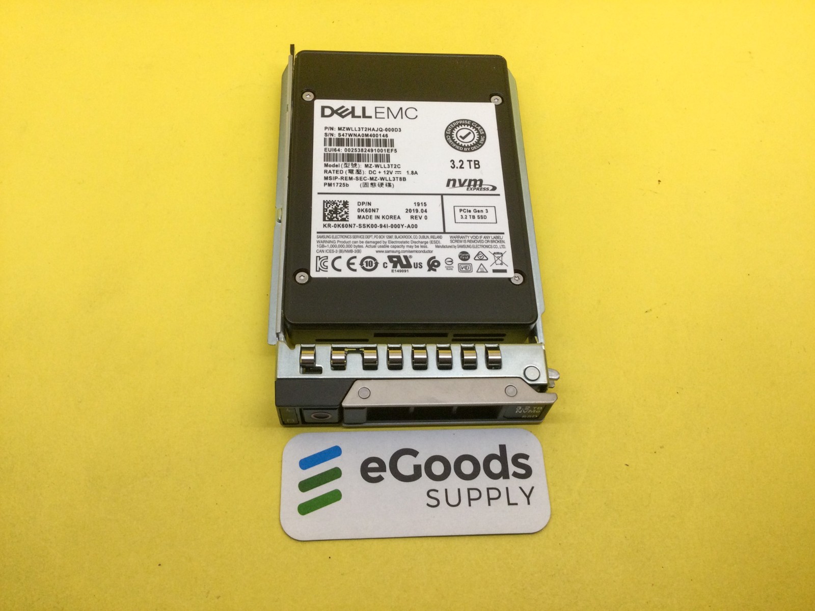 K60N7 Dell Samsung PM1725B 3.2TB PCle Gen3 NVME 2.5in SSD MZ-WLL3T2C 0K60N7
