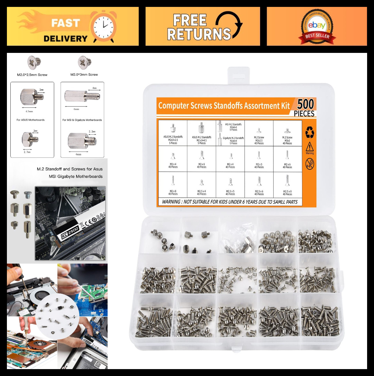 500PCS M.2 SSD Screw & Standoff Kit for Laptop/PC - Compatible with Asus, MSI, D