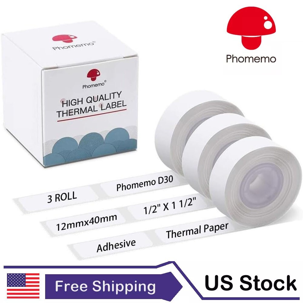 6Rolls 12x40mm Thermal Paper Self-Adhesive Label Tape For Phomemo D30 Printer US