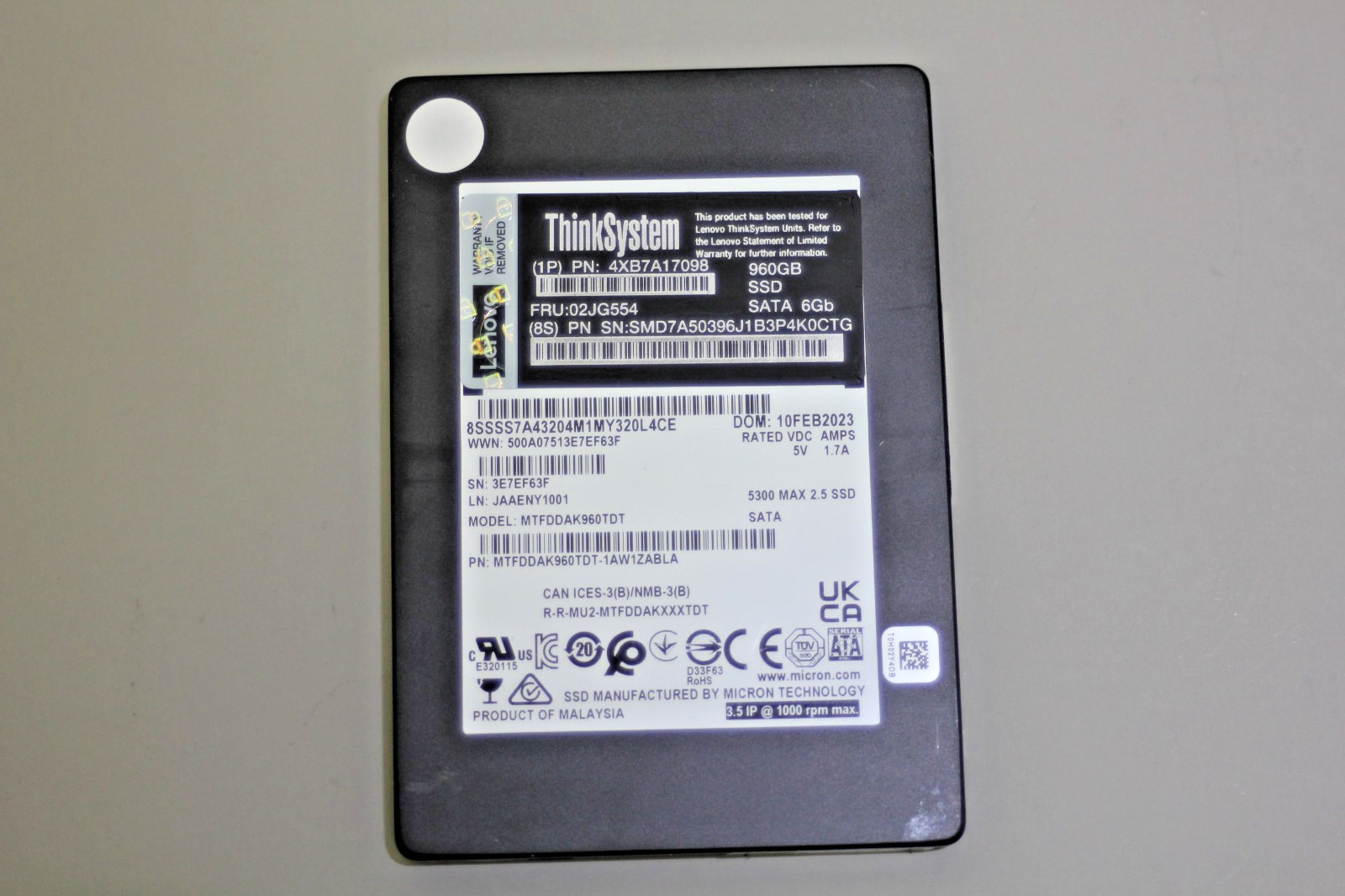 MICRON 5300 960GB 2.5" SATA SSD MTFDDAK960TDT Lenovo 4XB7A17089 100% Health
