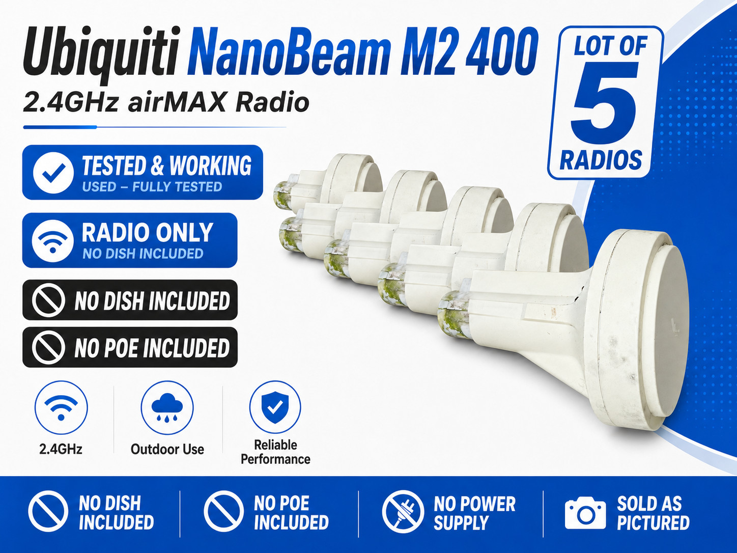5x Ubiquiti PBE-M2-400 PowerBeam M2 2.4GHz Radios Only No PoE Dish