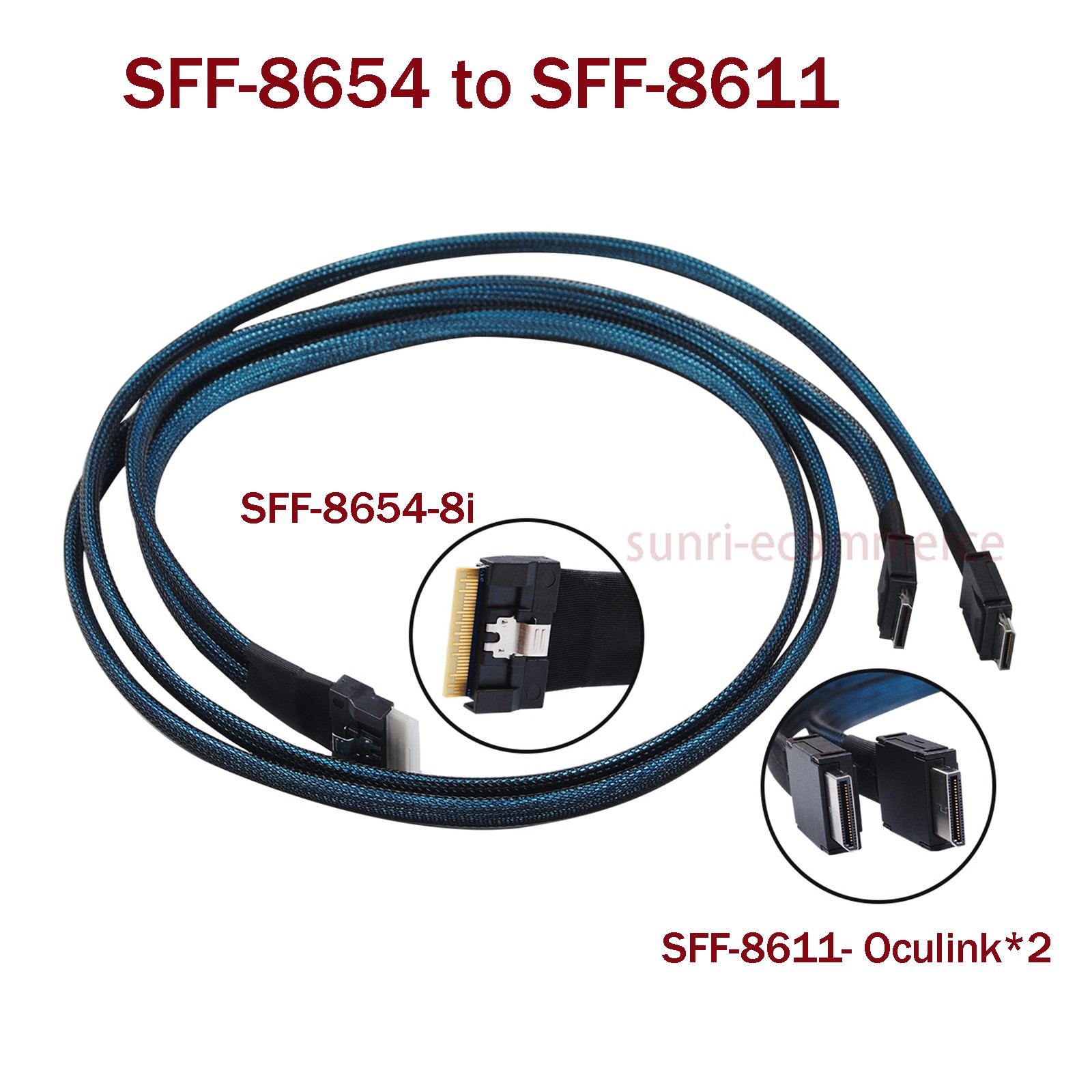 SlimSAS 8i SFF-8654 to 2x OCuLink 4i SFF-8611 Cable Data Transmission 1M US
