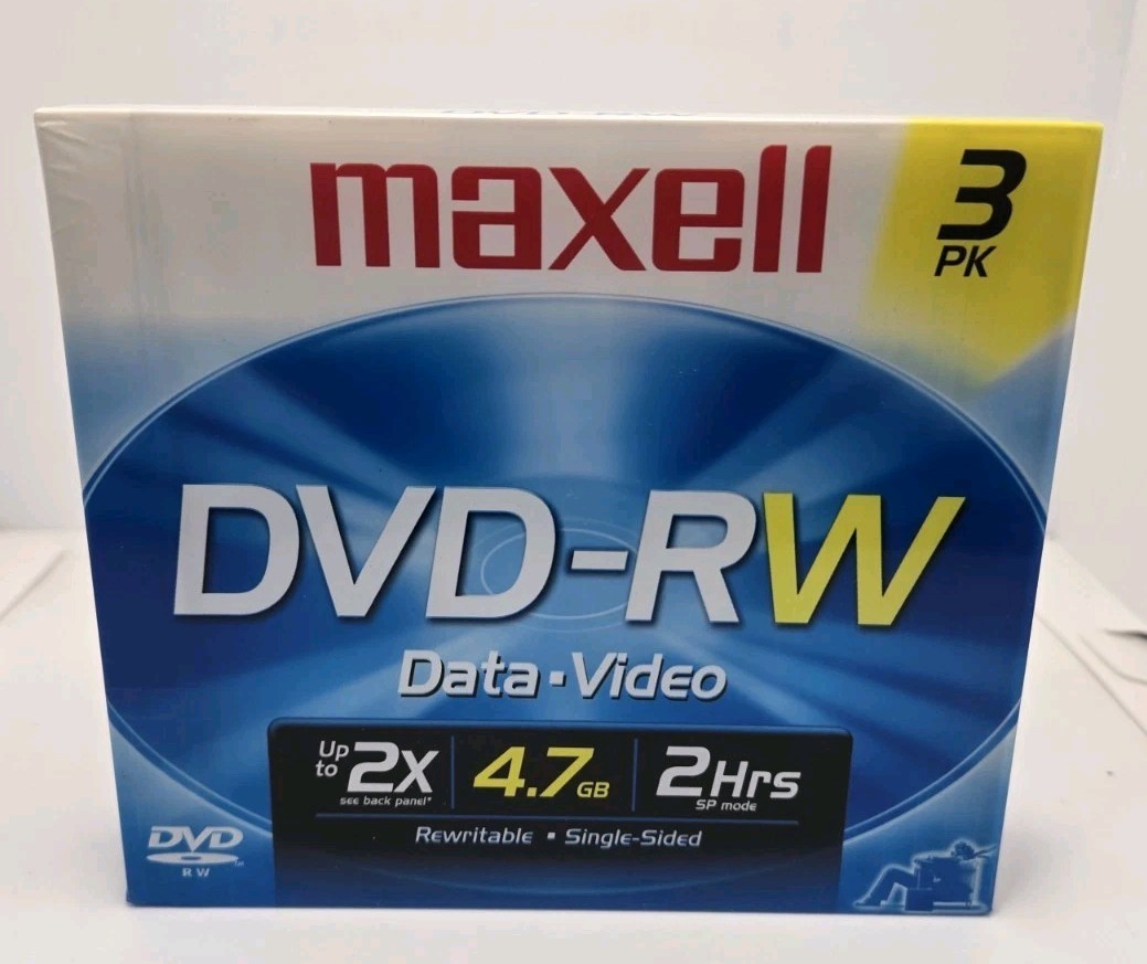 Maxell DVD-RW 4.7GB 2x 120min ReWritable Video Data Blank Discs 3 Pack New Seale