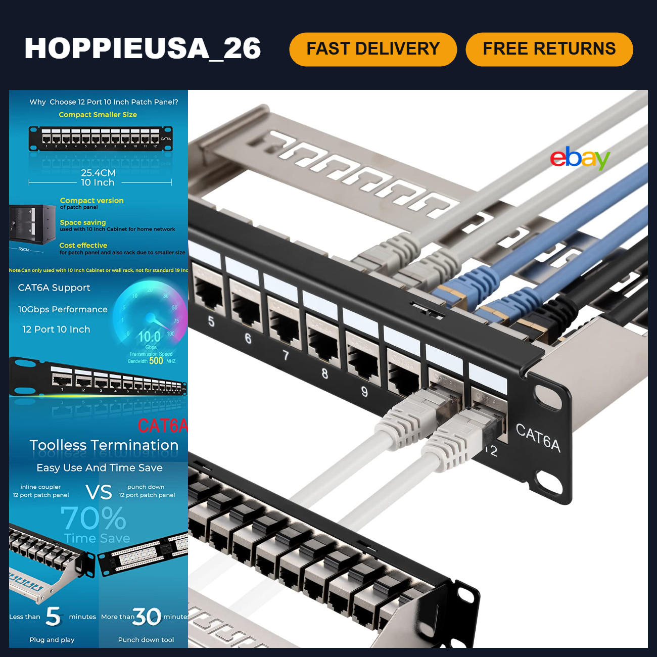 12-Port Cat6A Patch Panel, 10G Support, Shielded 1U Network Panel for Cat5e/Cat7
